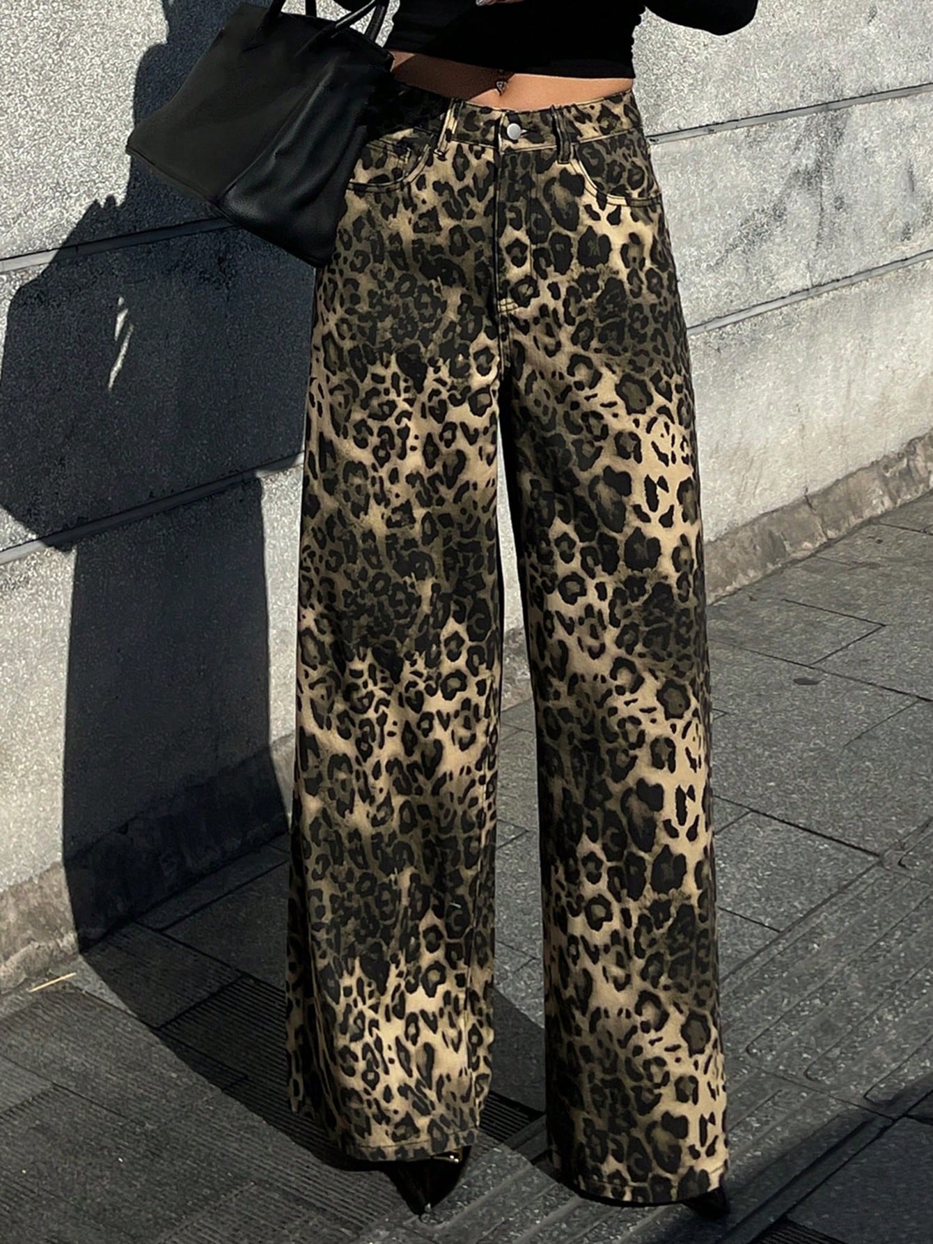 CM-BS884969 Women Casual Seoul Style High Waist Leopard Print Straight Leg Loose Jeans - Coffee Brown