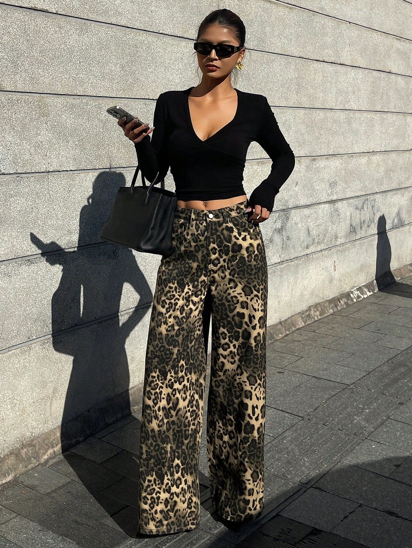 CM-BS884969 Women Casual Seoul Style High Waist Leopard Print Straight Leg Loose Jeans - Coffee Brown