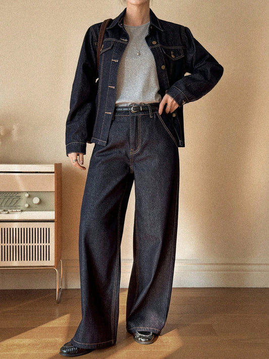 CM-SS533431 Women Casual Seoul Style Collar Neckline Long Sleeve Denim Jacket With Straight Leg Jeans - Set