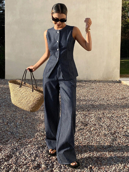 CM-SS841514 Women Casual Seoul Style Medium Wash Sleeveless Crew Neck Fitted Top With Striped Jeans - Set