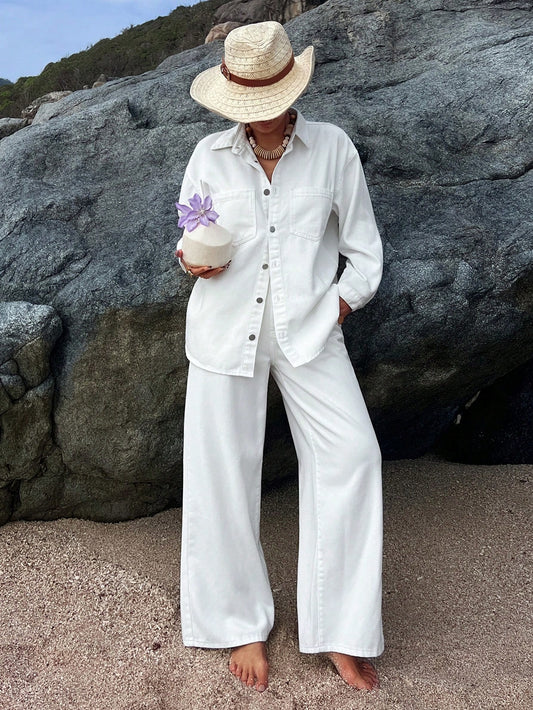 CM-SS488519 Women Casual Seoul Style Solid Color Pocket Denim Shirt With Wide Leg Jeans - Set