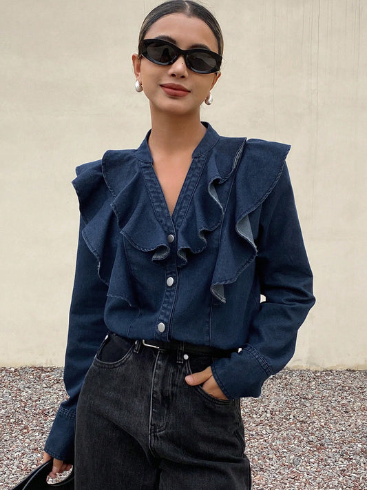 CM-TS277728 Women Casual Seoul Style Medium Wash V-Neck Long Sleeve Ruffled Denim Blouse