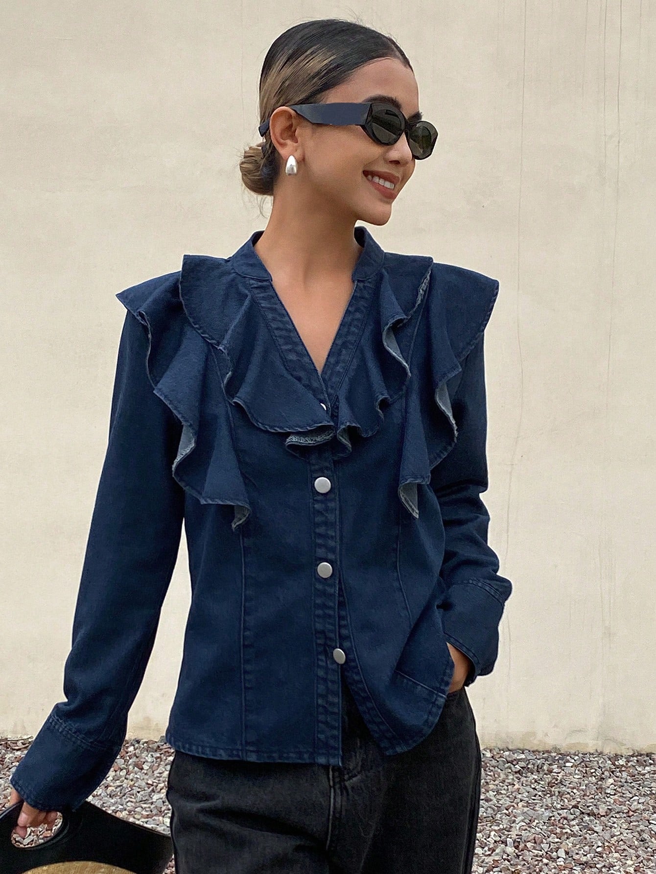 CM-TS277728 Women Casual Seoul Style Medium Wash V-Neck Long Sleeve Ruffled Denim Blouse