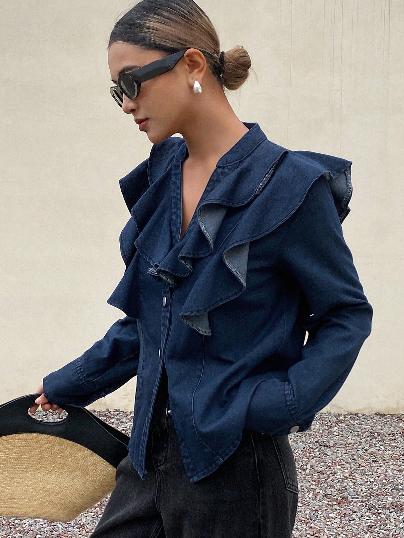 CM-TS277728 Women Casual Seoul Style Medium Wash V-Neck Long Sleeve Ruffled Denim Blouse