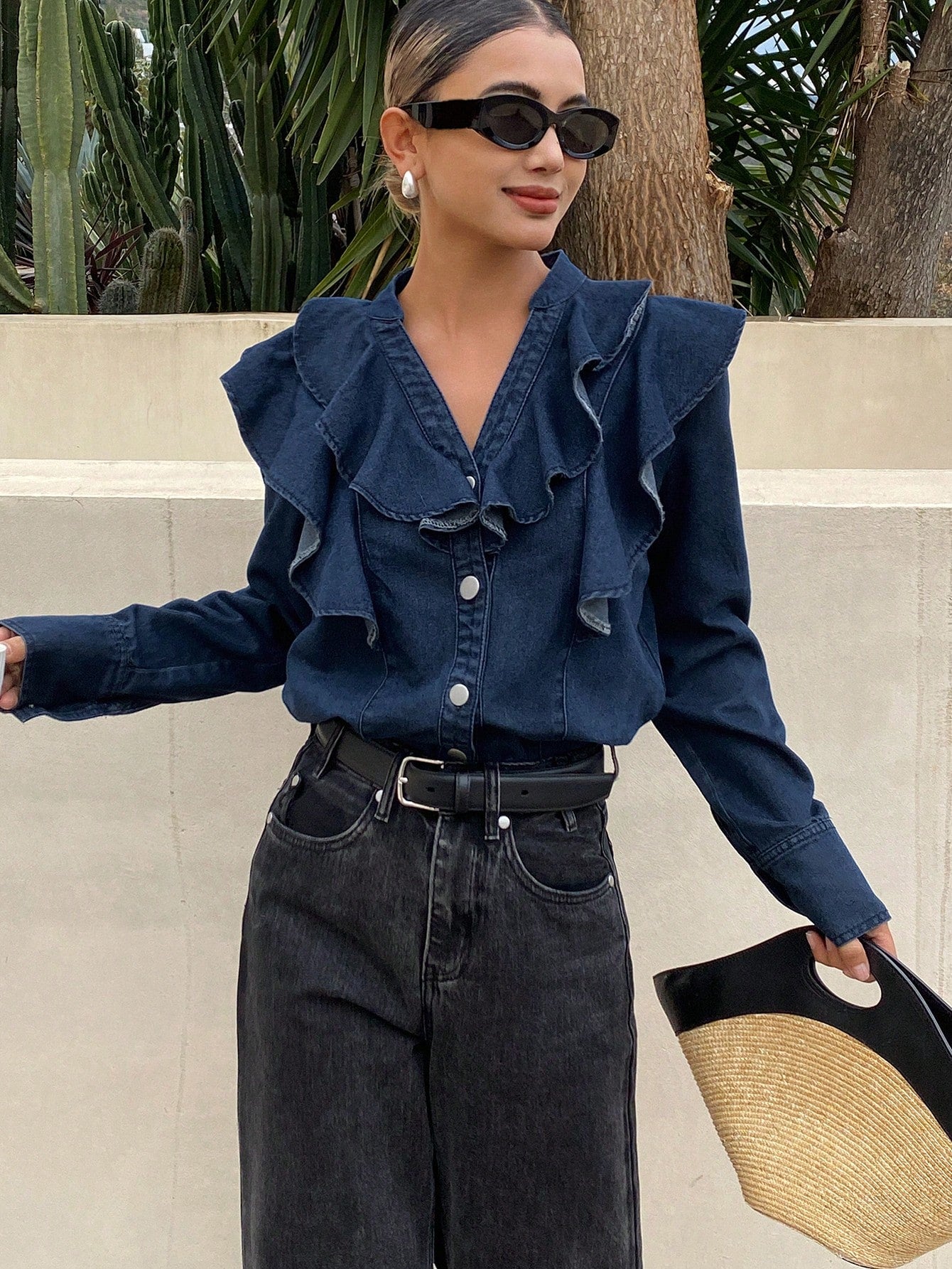 CM-TS277728 Women Casual Seoul Style Medium Wash V-Neck Long Sleeve Ruffled Denim Blouse
