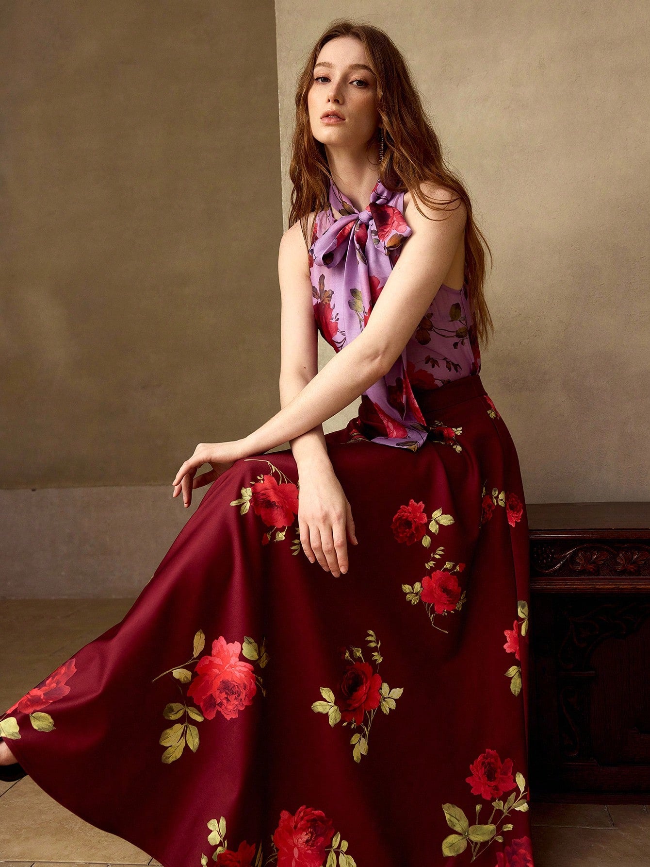 CM-BS571535 Women Elegant Seoul Style Mid Waist Floral Print Mid-Length A-Line Skirt - Red