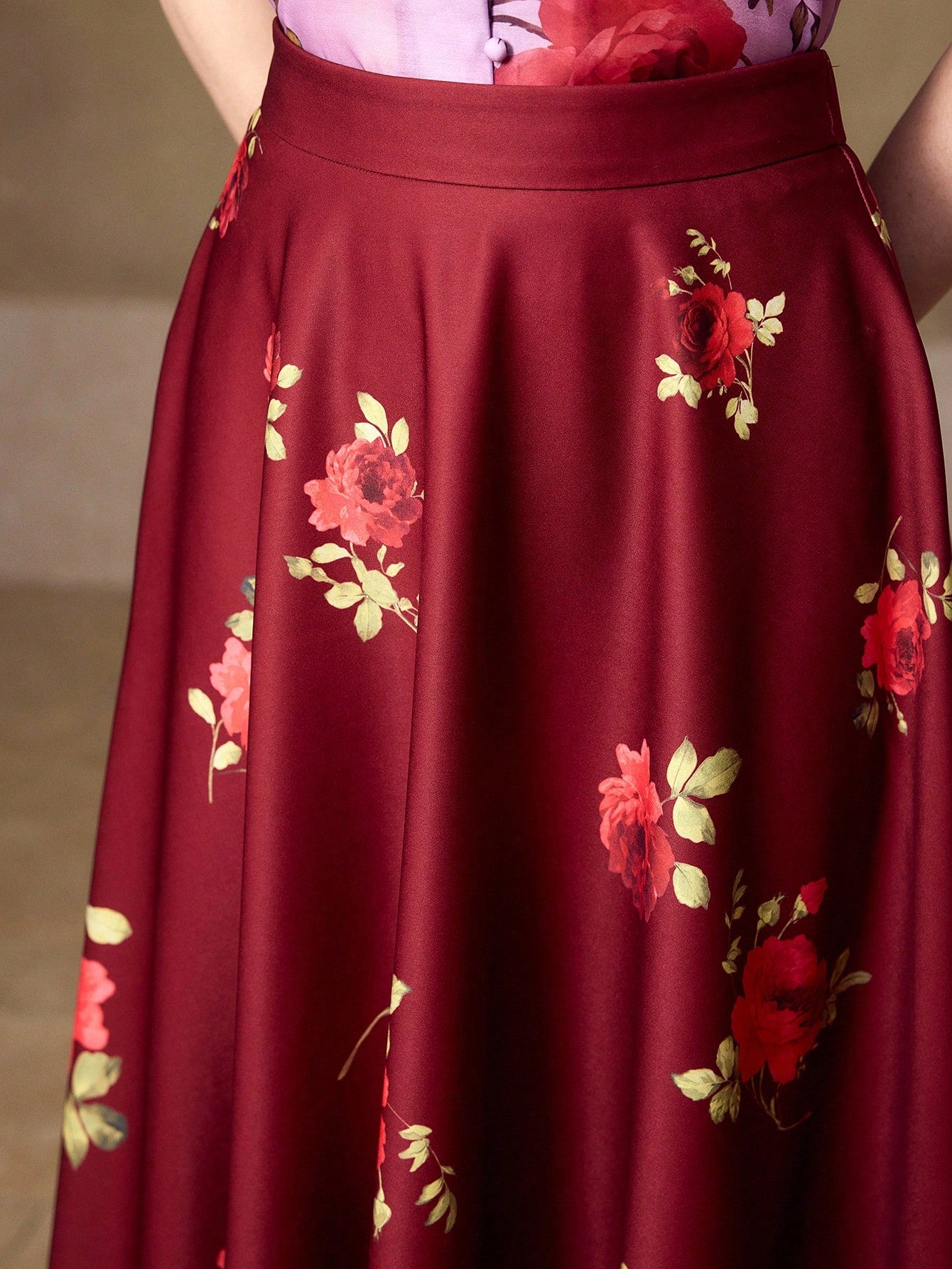 CM-BS571535 Women Elegant Seoul Style Mid Waist Floral Print Mid-Length A-Line Skirt - Red