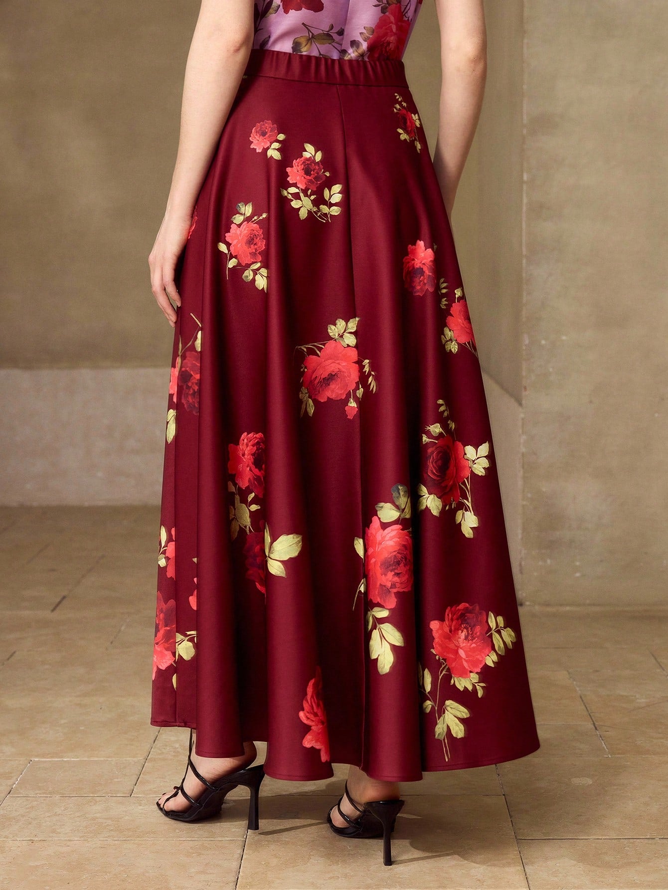CM-BS571535 Women Elegant Seoul Style Mid Waist Floral Print Mid-Length A-Line Skirt - Red