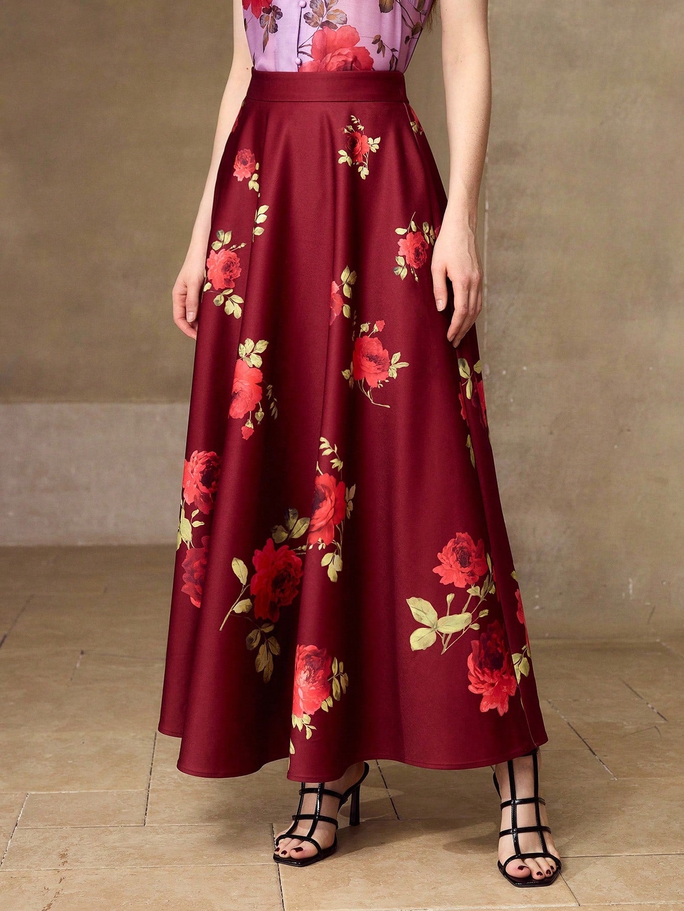CM-BS571535 Women Elegant Seoul Style Mid Waist Floral Print Mid-Length A-Line Skirt - Red