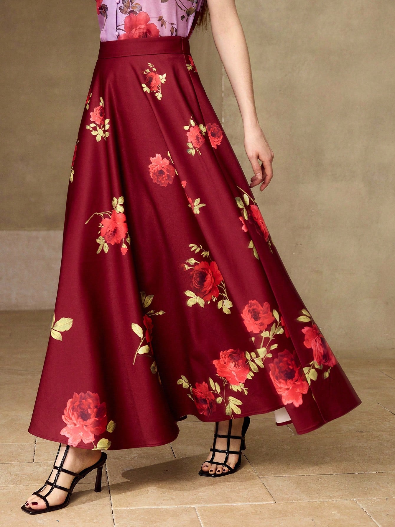 CM-BS571535 Women Elegant Seoul Style Mid Waist Floral Print Mid-Length A-Line Skirt - Red