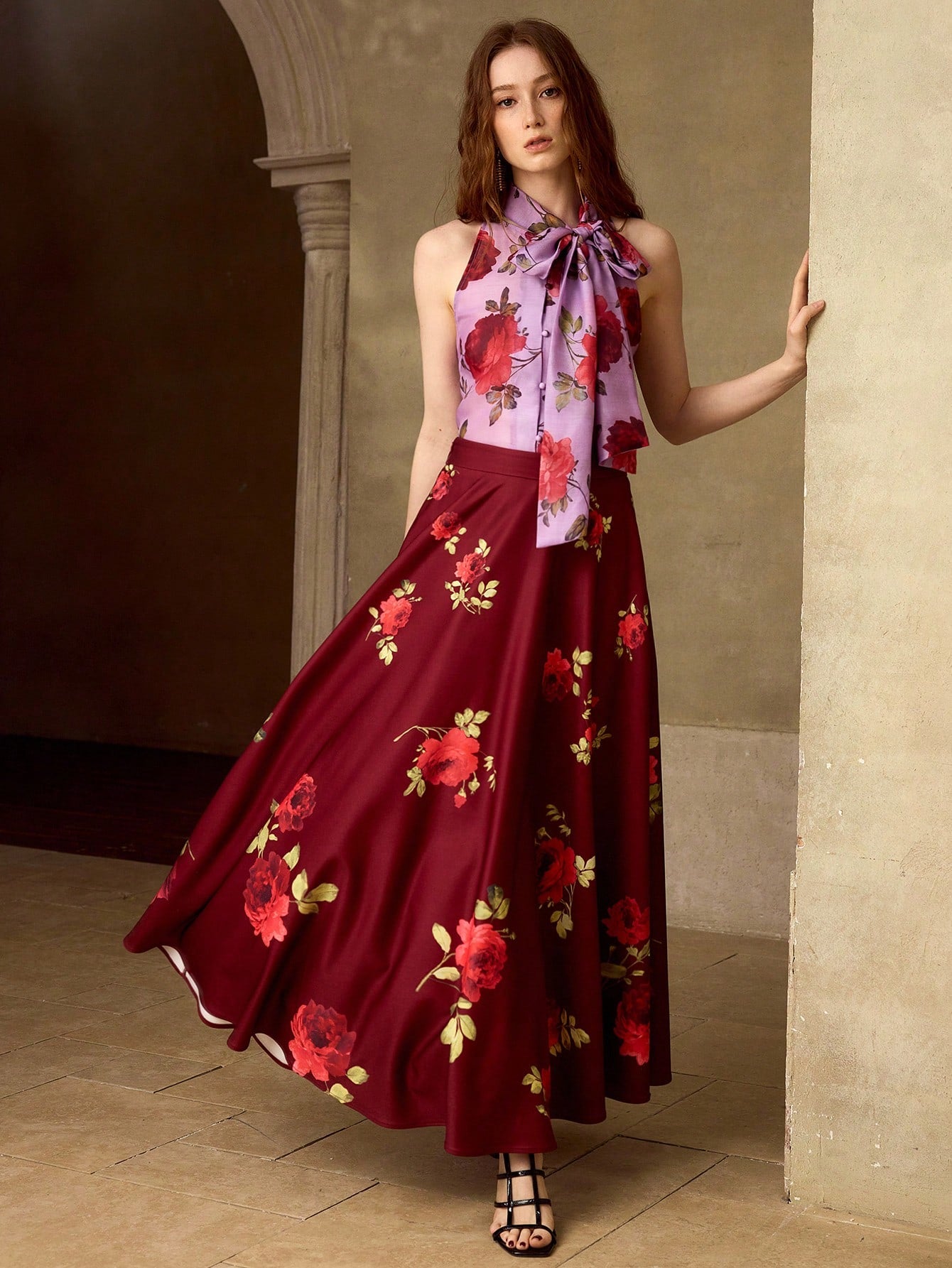 CM-BS571535 Women Elegant Seoul Style Mid Waist Floral Print Mid-Length A-Line Skirt - Red