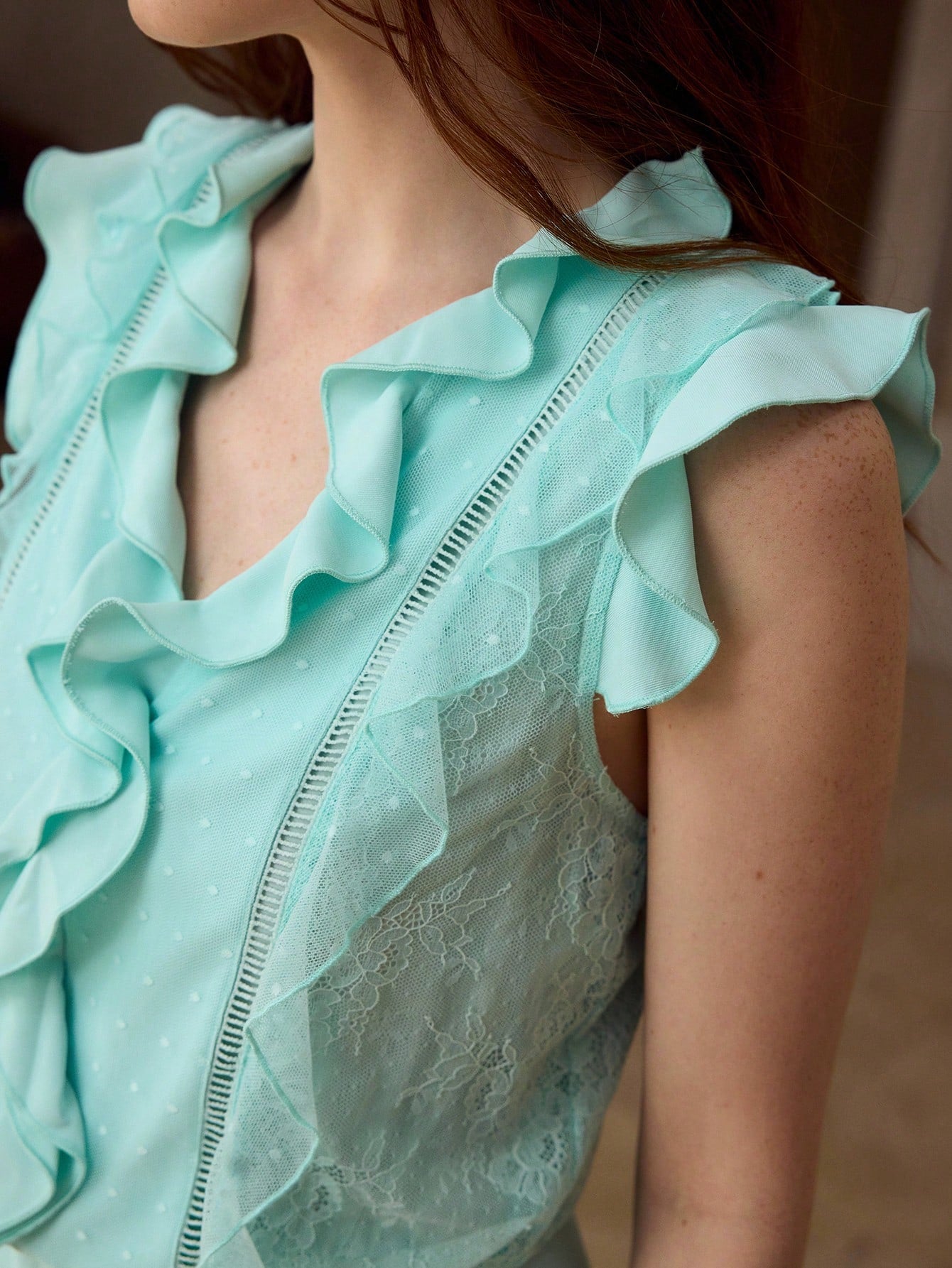 CM-JS115111 Women Elegant Seoul Style V-Neck Flounce Sleeve Ruffled Lace Trim Jumpsuit - Blue