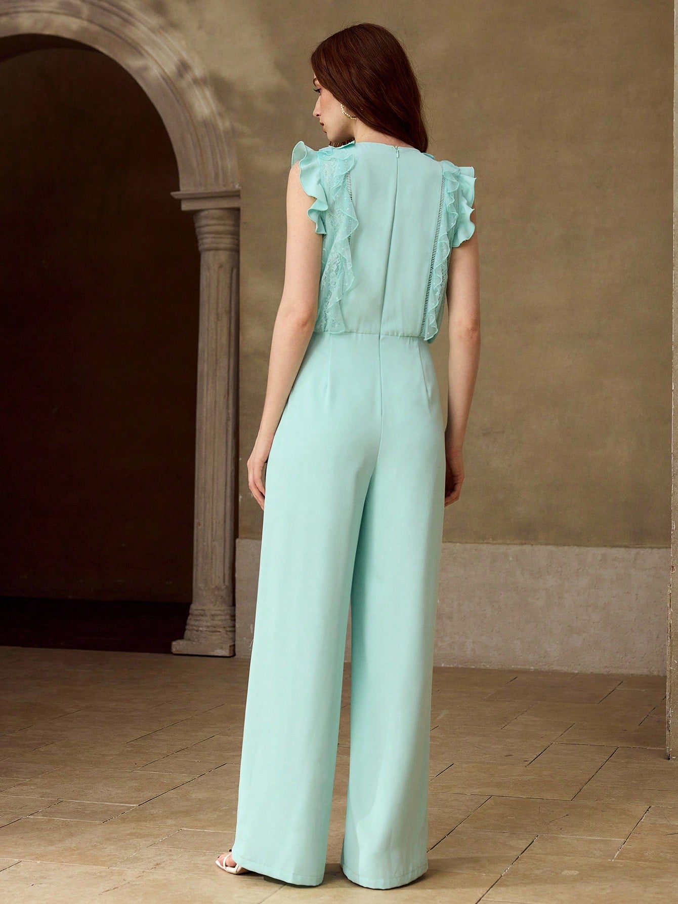 CM-JS115111 Women Elegant Seoul Style V-Neck Flounce Sleeve Ruffled Lace Trim Jumpsuit - Blue