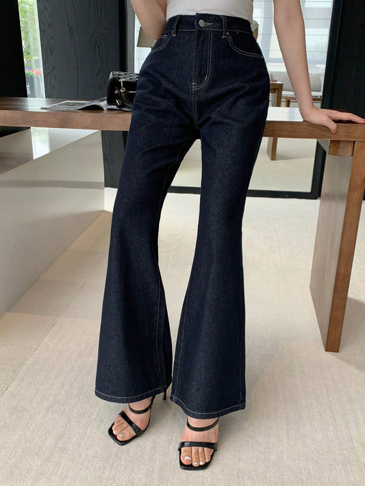 CM-BS021212 Women Casual Seoul Style Solid Color High Waist Flare Leg Jeans - Blue