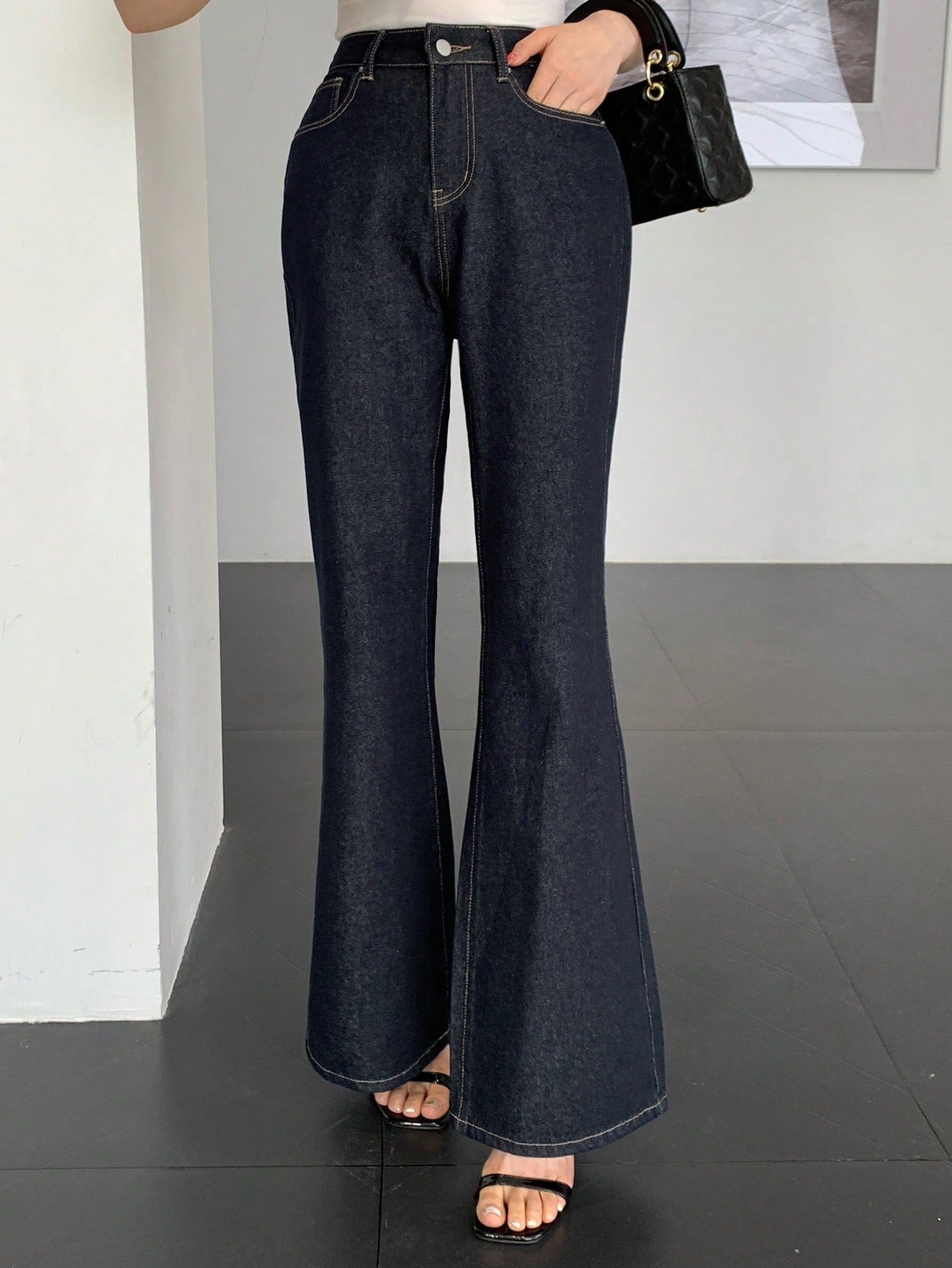 CM-BS021212 Women Casual Seoul Style Solid Color High Waist Flare Leg Jeans - Blue