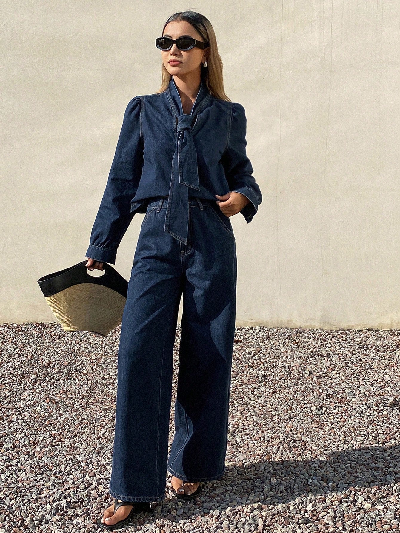 CM-SS911796 Women Elegant Seoul Style Bow Tie Design Long Sleeve Top With Wide Leg Jeans - Set