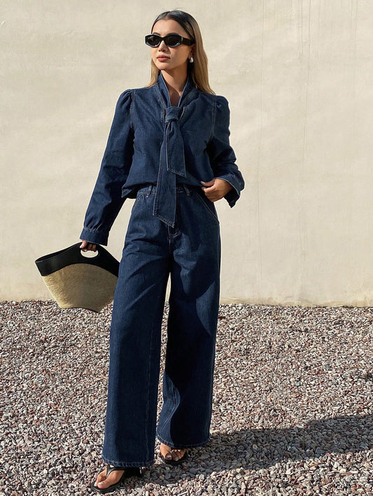 CM-SS911796 Women Elegant Seoul Style Bow Tie Design Long Sleeve Top With Wide Leg Jeans - Set