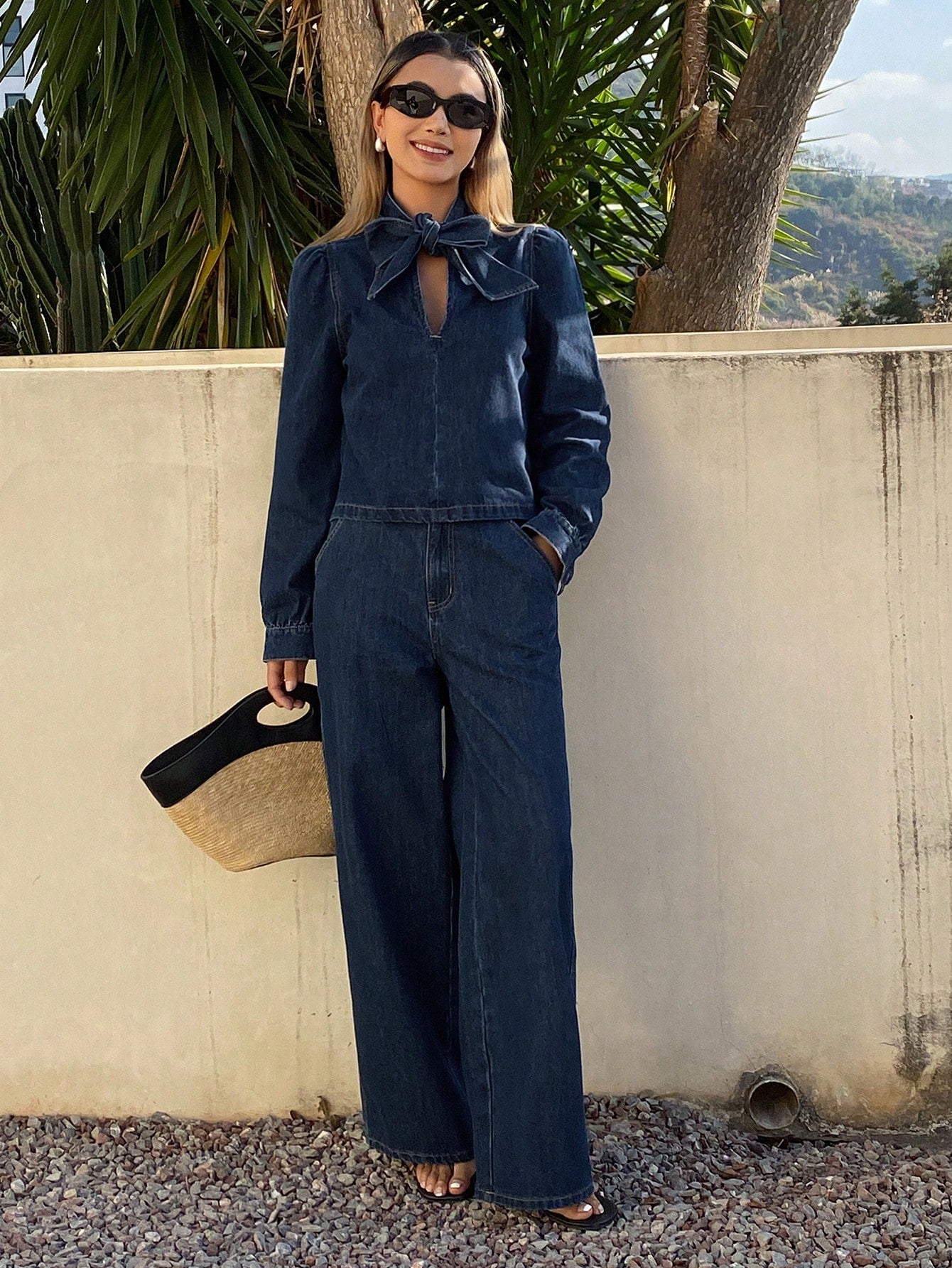 CM-SS911796 Women Elegant Seoul Style Bow Tie Design Long Sleeve Top With Wide Leg Jeans - Set