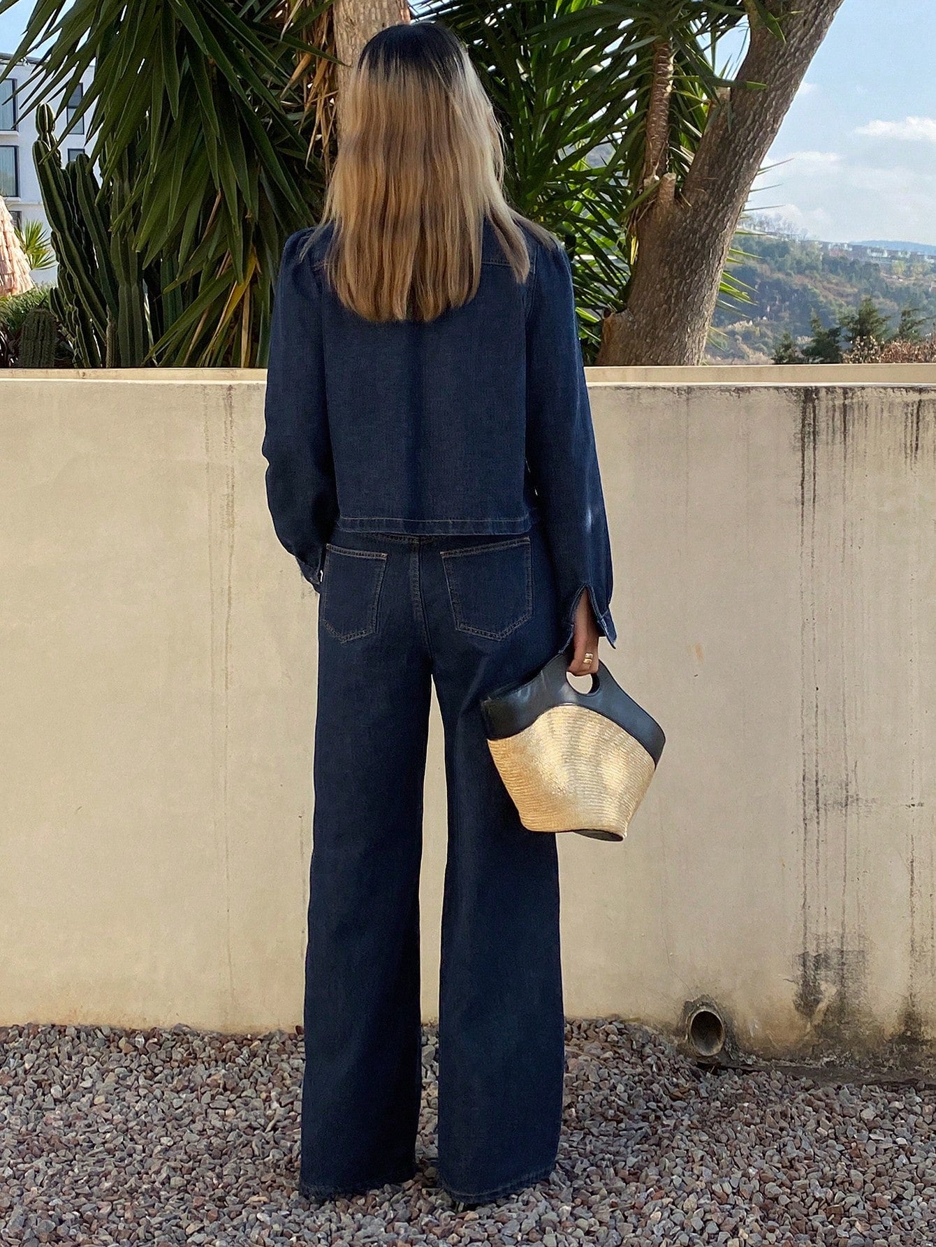 CM-SS911796 Women Elegant Seoul Style Bow Tie Design Long Sleeve Top With Wide Leg Jeans - Set