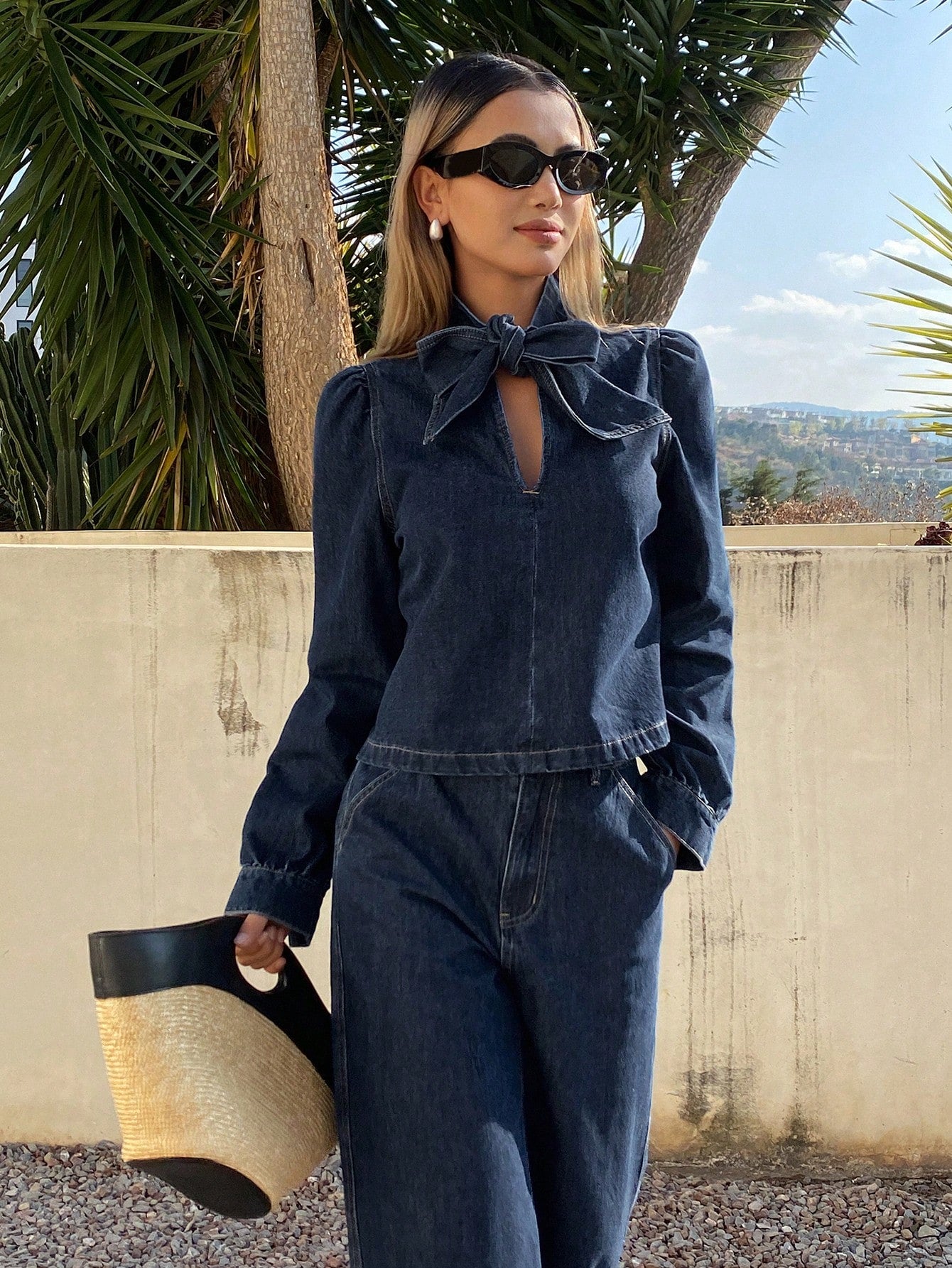 CM-SS911796 Women Elegant Seoul Style Bow Tie Design Long Sleeve Top With Wide Leg Jeans - Set