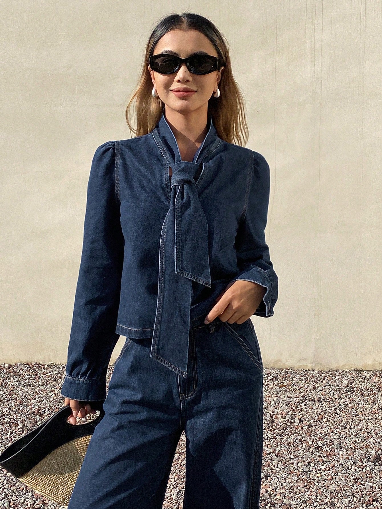 CM-SS911796 Women Elegant Seoul Style Bow Tie Design Long Sleeve Top With Wide Leg Jeans - Set