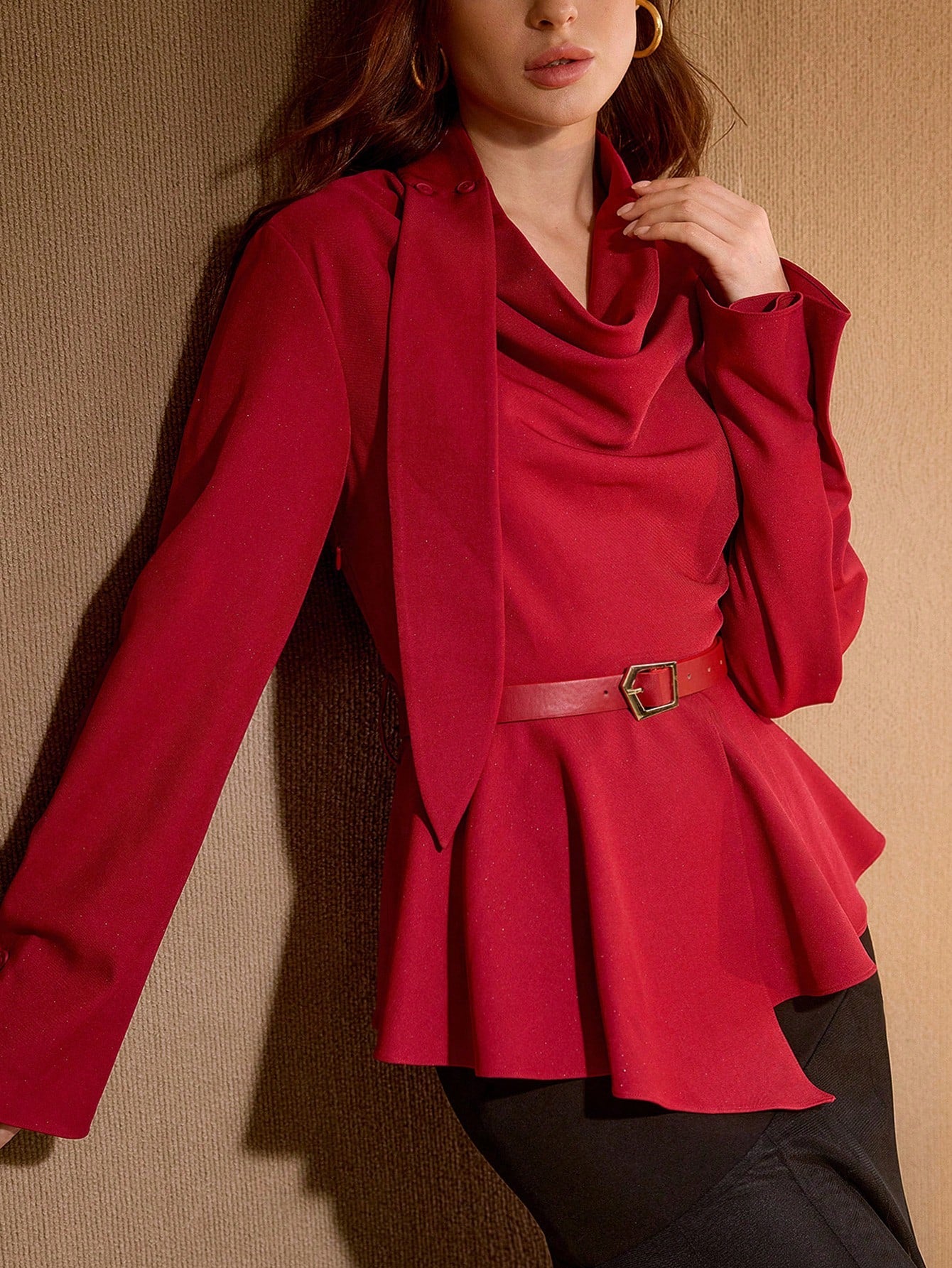 CM-TS303475 Women Elegant Seoul Style Cowl Neck Asymmetric Hem Long Sleeve Belted Blouse - Red