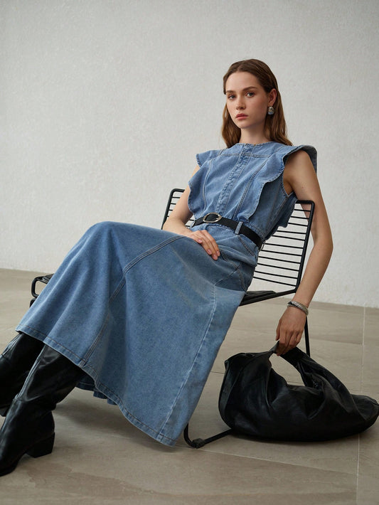 CM-DS053433 Women Elegant Seoul Style Medium Wash Round Neck Sleeveless Ruffle Trim Long Denim Dress