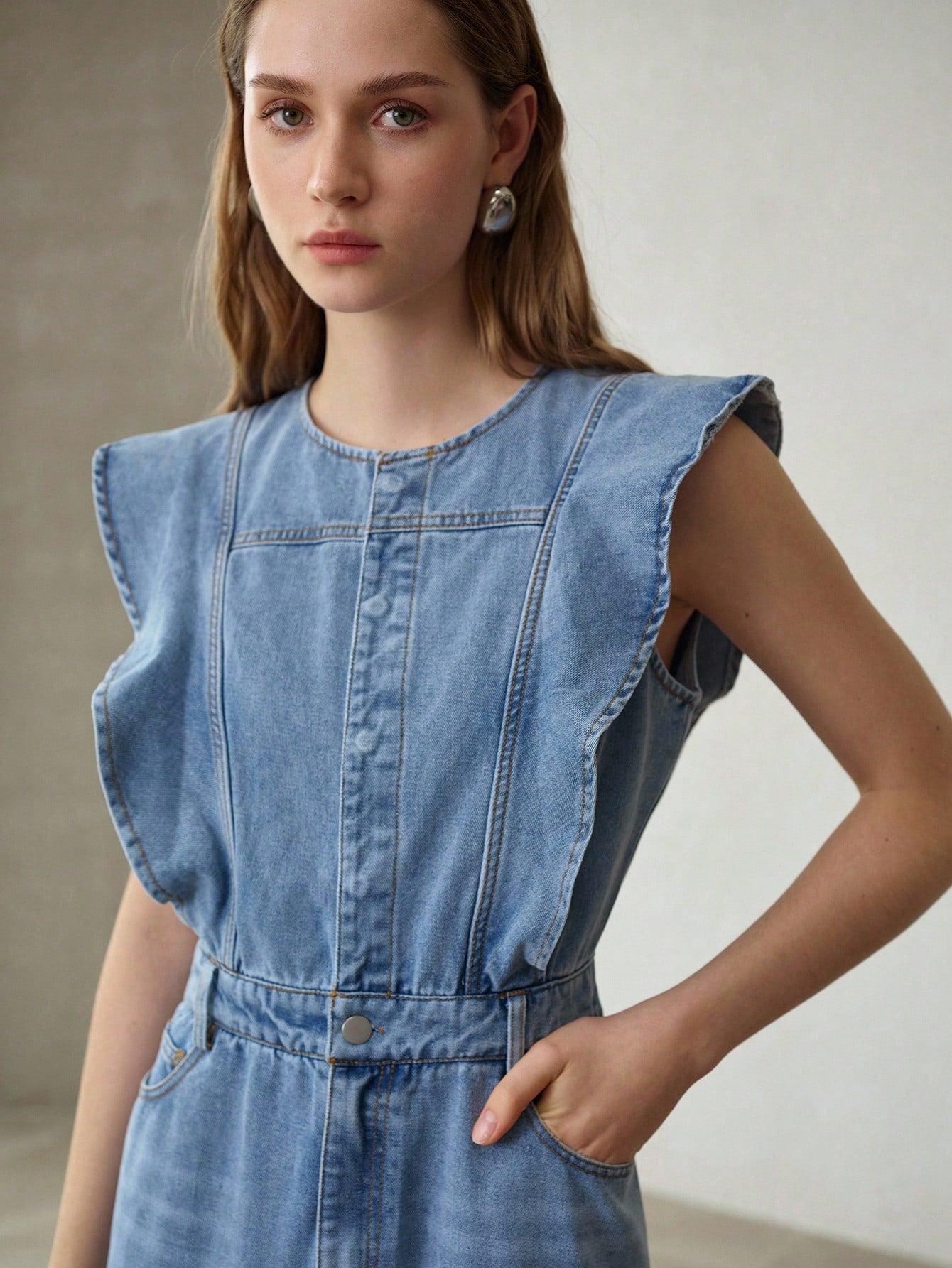 CM-DS053433 Women Elegant Seoul Style Medium Wash Round Neck Sleeveless Ruffle Trim Long Denim Dress