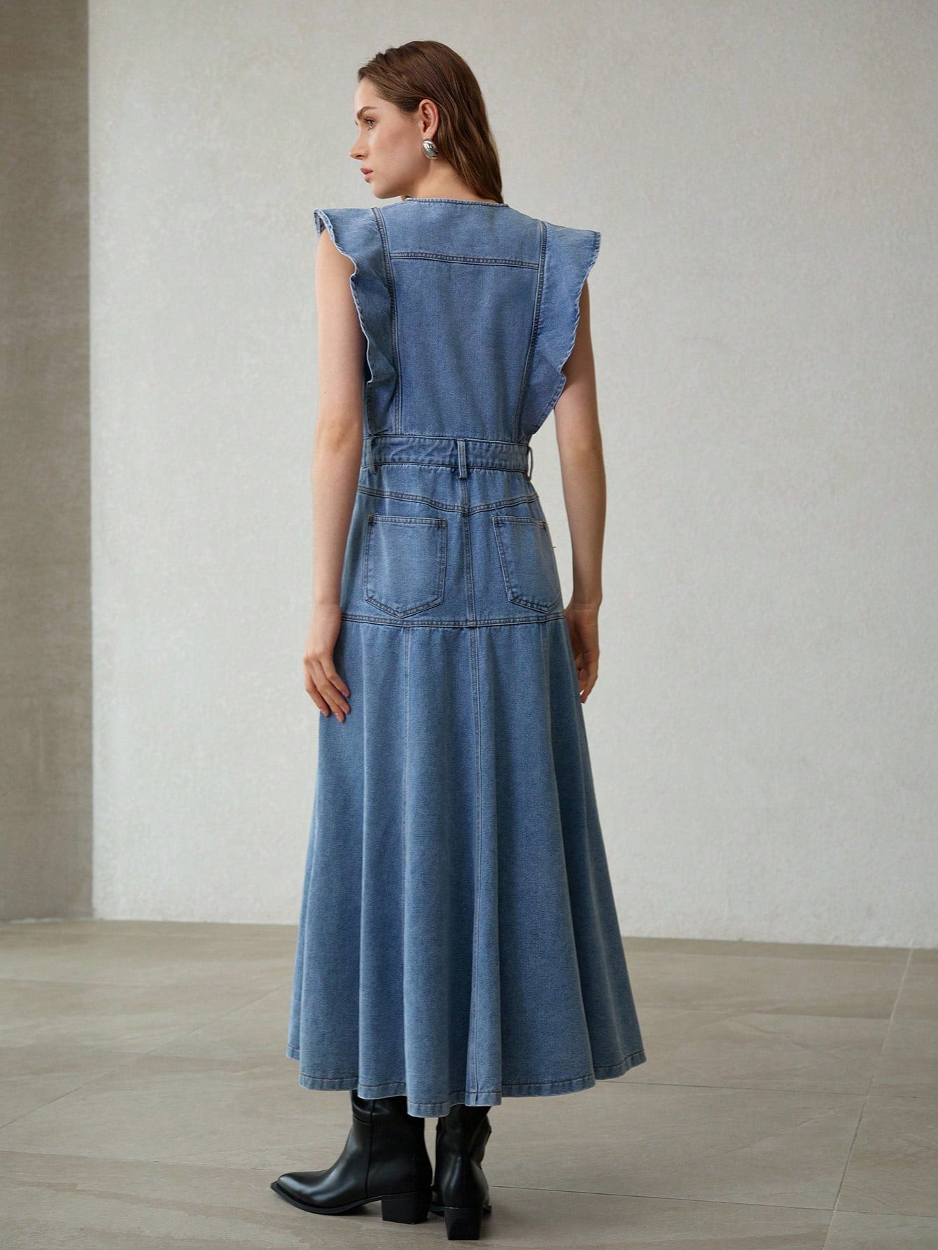 CM-DS053433 Women Elegant Seoul Style Medium Wash Round Neck Sleeveless Ruffle Trim Long Denim Dress