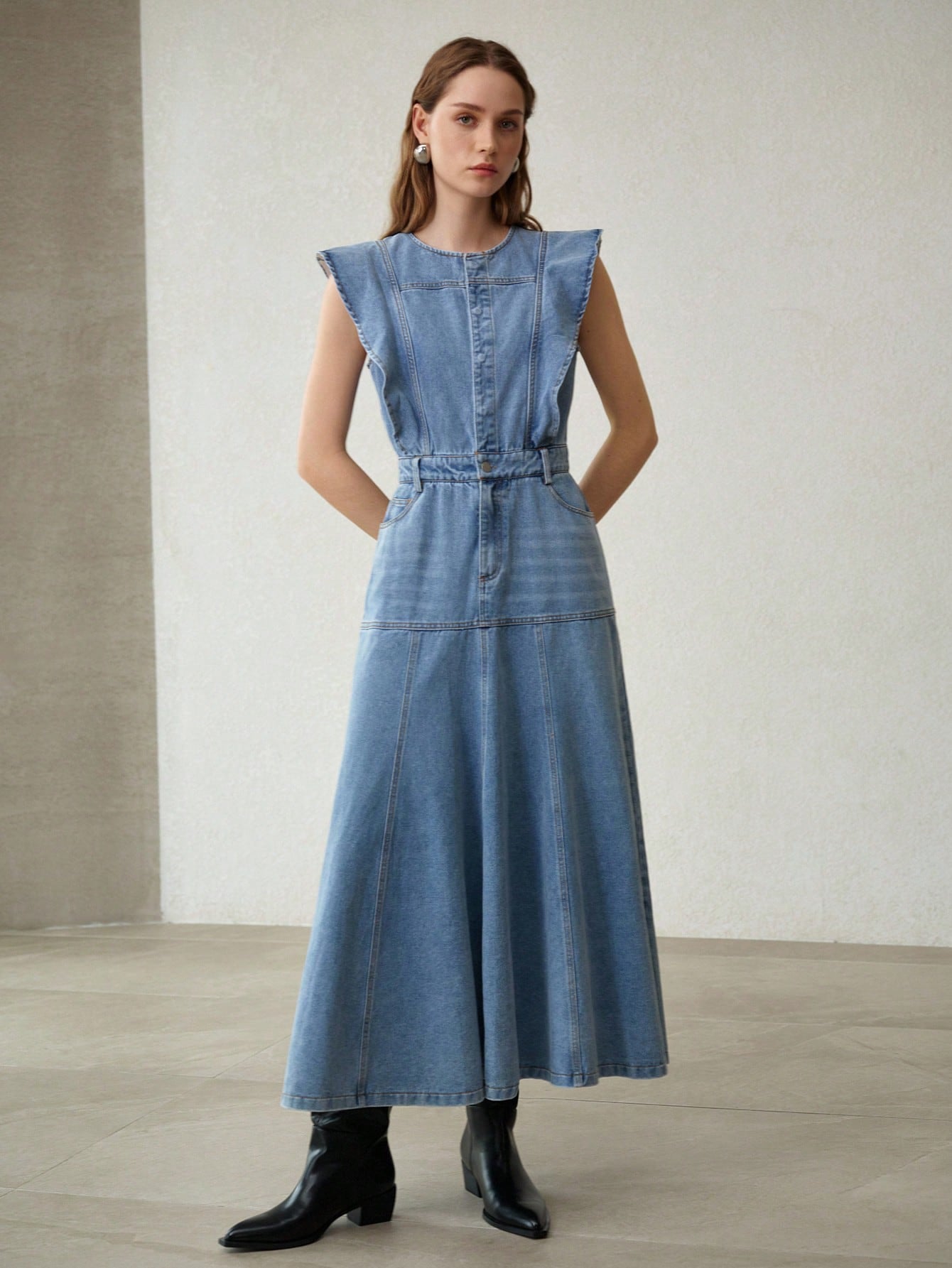 CM-DS053433 Women Elegant Seoul Style Medium Wash Round Neck Sleeveless Ruffle Trim Long Denim Dress