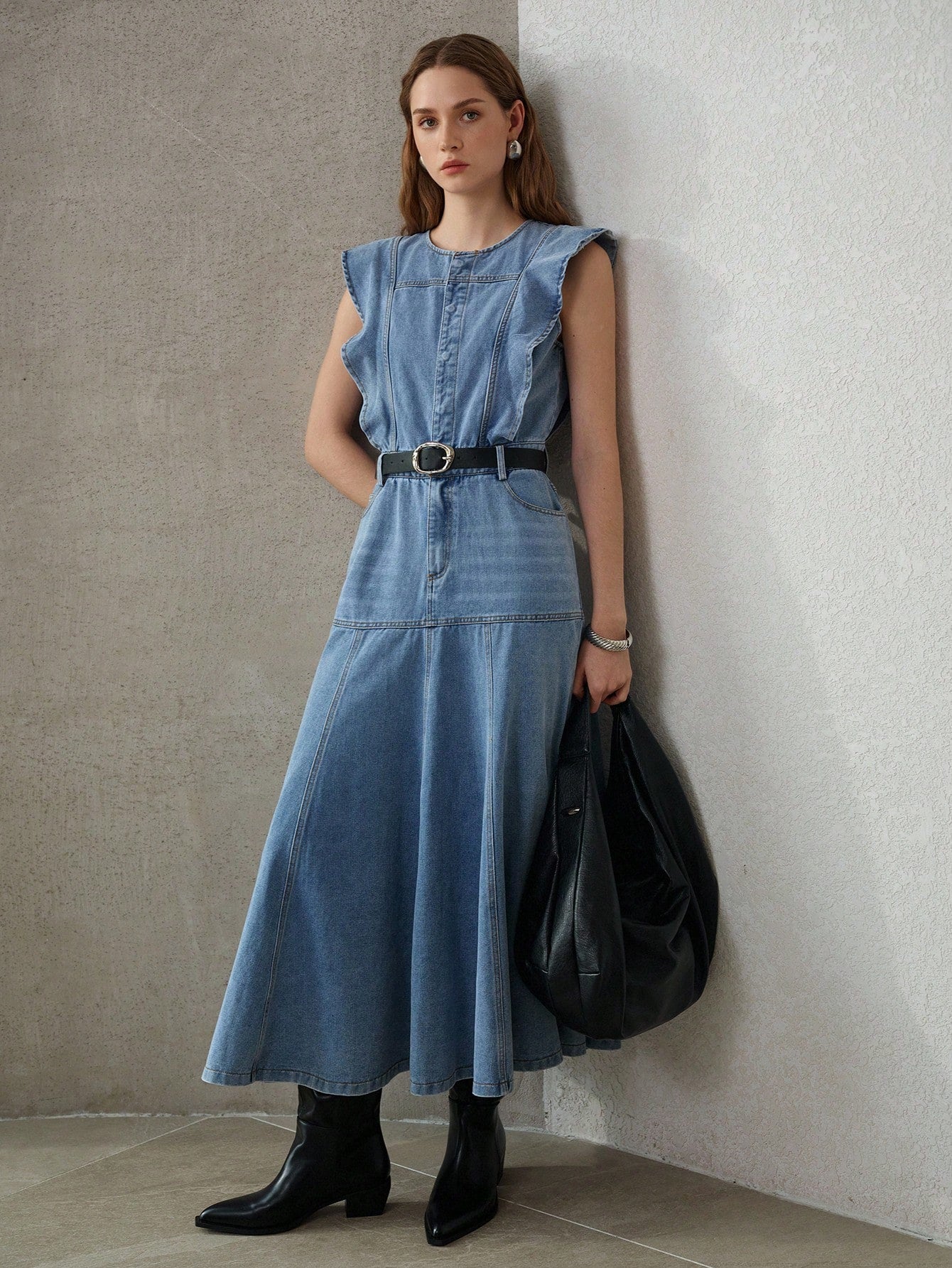 CM-DS053433 Women Elegant Seoul Style Medium Wash Round Neck Sleeveless Ruffle Trim Long Denim Dress