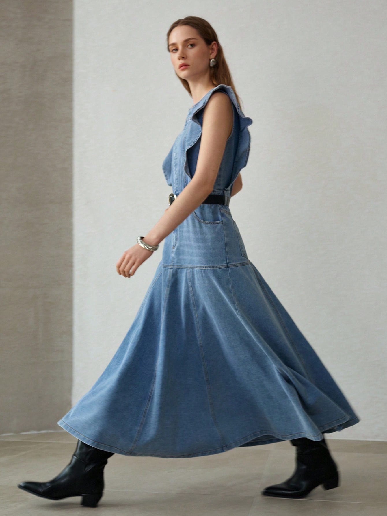 CM-DS053433 Women Elegant Seoul Style Medium Wash Round Neck Sleeveless Ruffle Trim Long Denim Dress