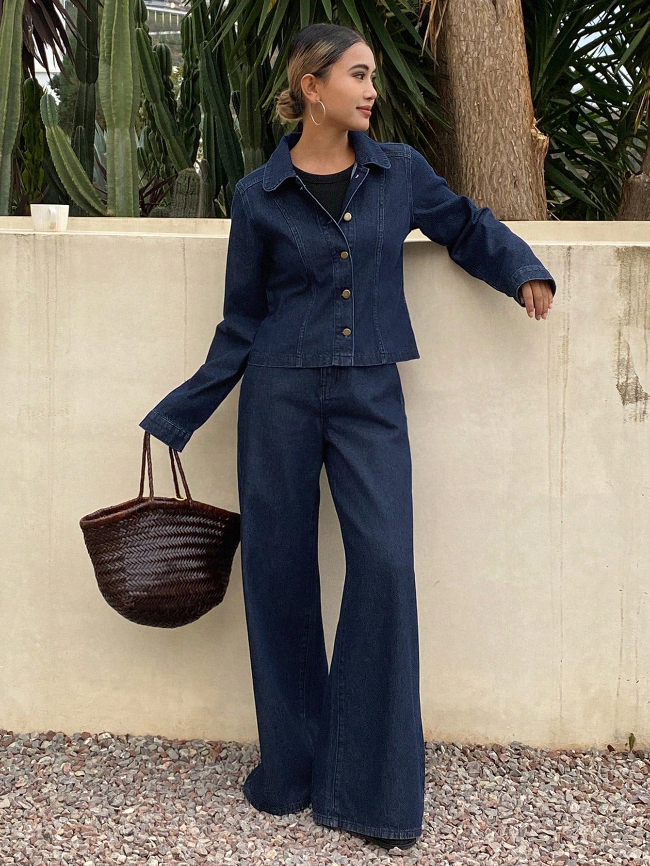 CM-SS891985 Women Casual Seoul Style Collared Long Sleeve Single-Breasted Denim Jacket With Pants - Set
