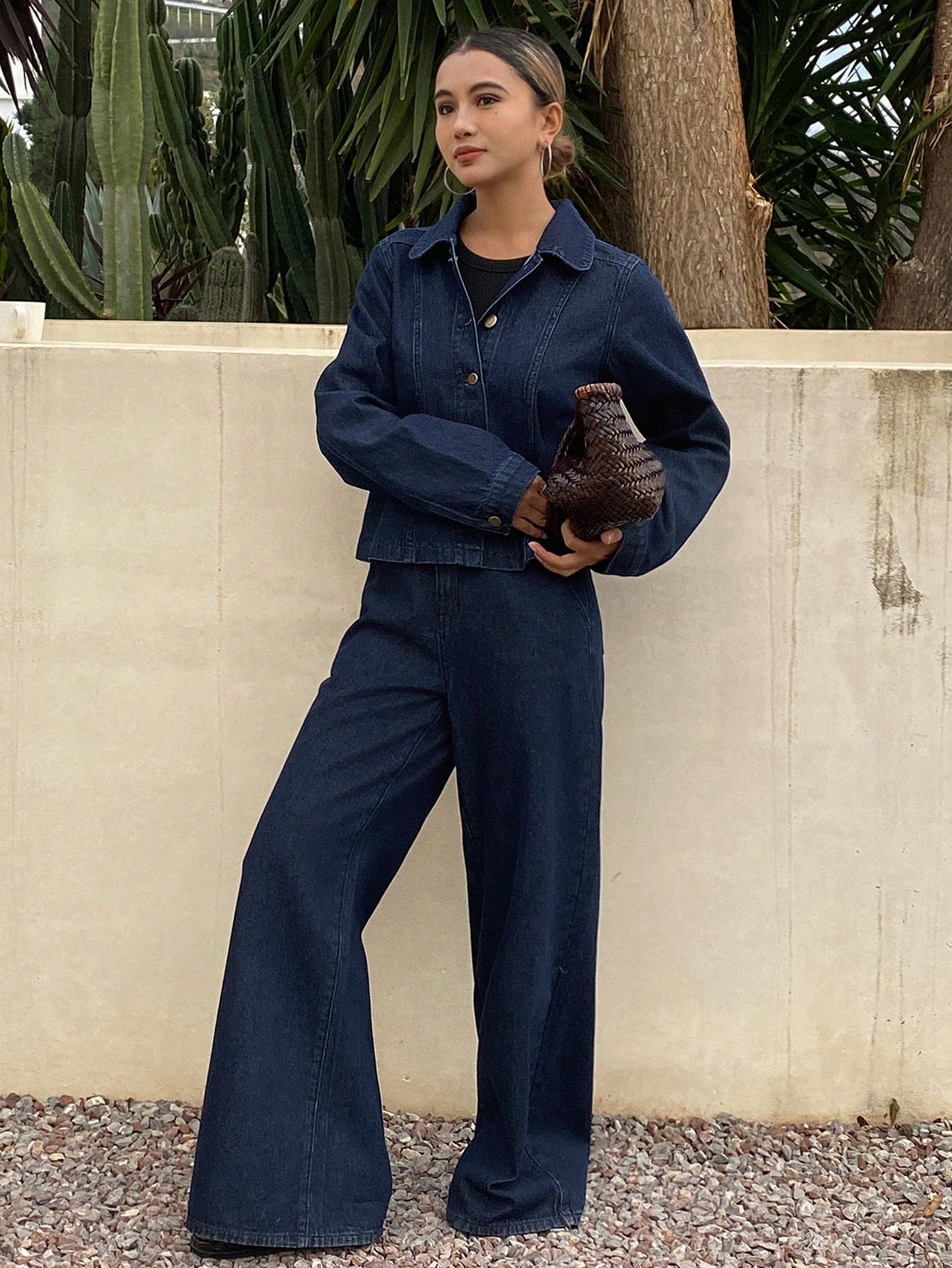 CM-SS891985 Women Casual Seoul Style Collared Long Sleeve Single-Breasted Denim Jacket With Pants - Set