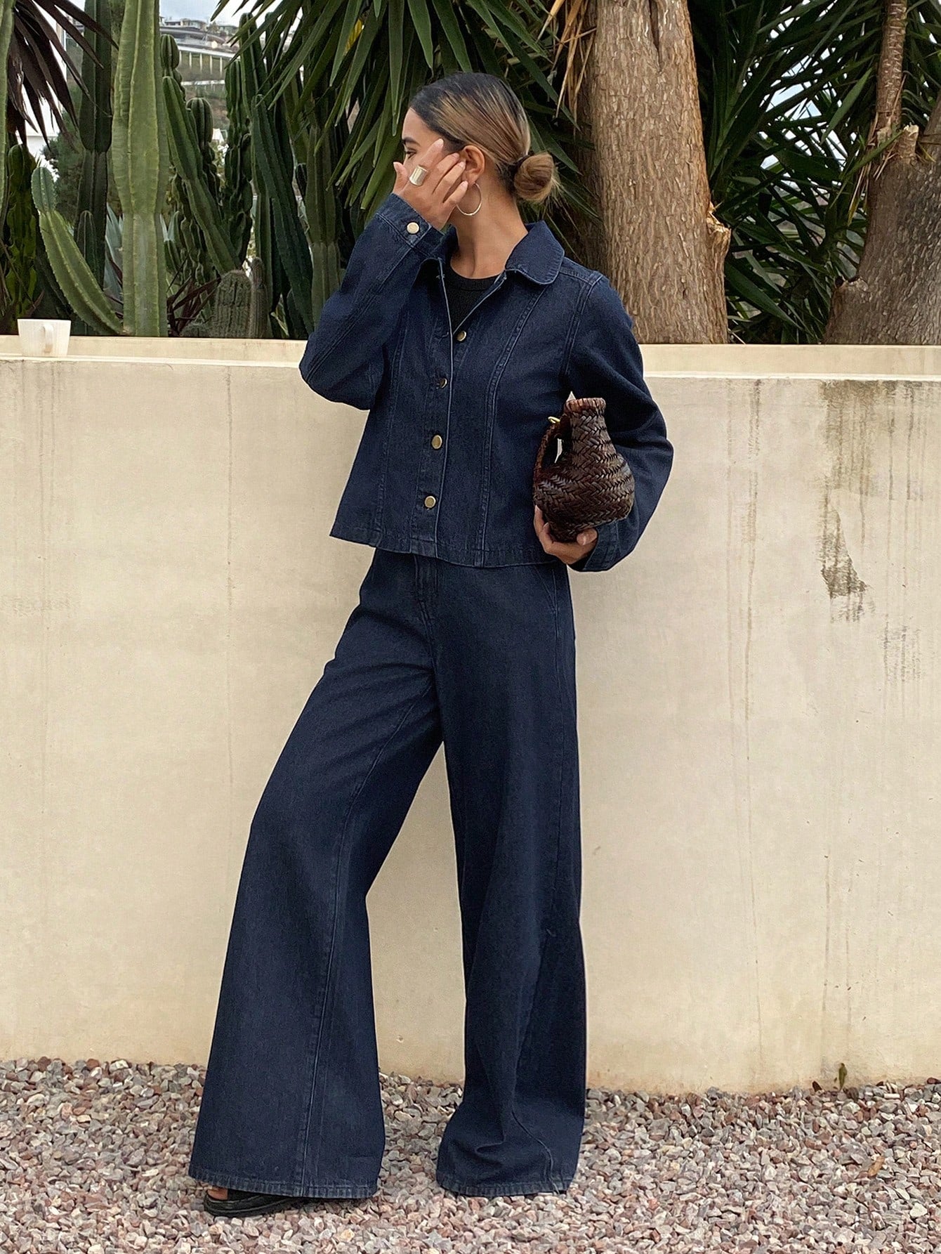 CM-SS891985 Women Casual Seoul Style Collared Long Sleeve Single-Breasted Denim Jacket With Pants - Set