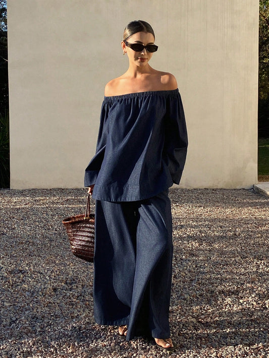 CM-SS438338 Women Casual Seoul Style Off-Shoulder Long Sleeve Denim Top With Wide-Leg Jeans - Set