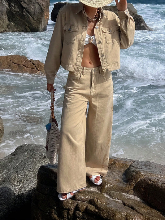 CM-SS192942 Women Casual Seoul Style Collar Neckline Long Sleeve Pocket Jacket With Wide Leg Jeans - Set