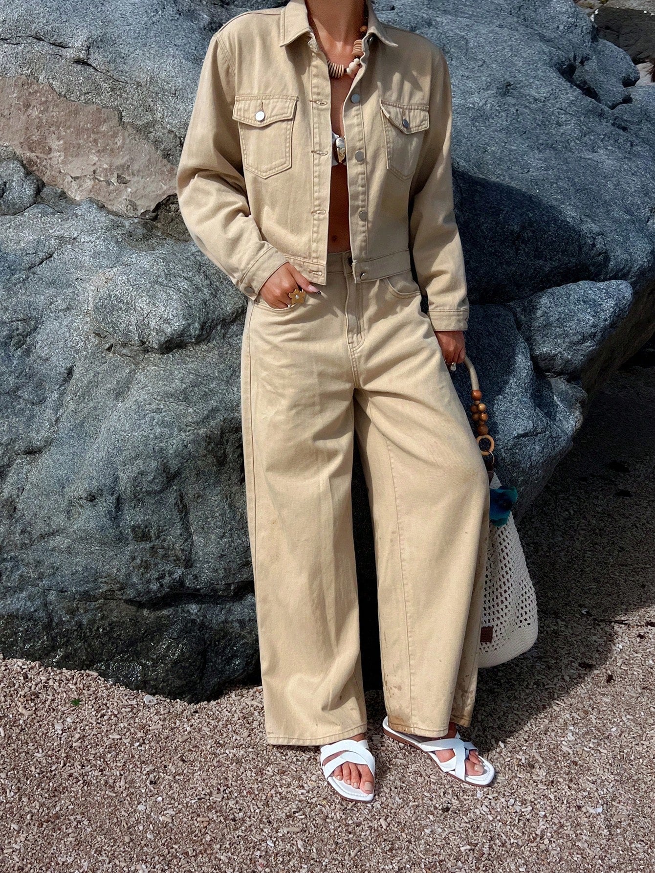 CM-SS192942 Women Casual Seoul Style Collar Neckline Long Sleeve Pocket Jacket With Wide Leg Jeans - Set