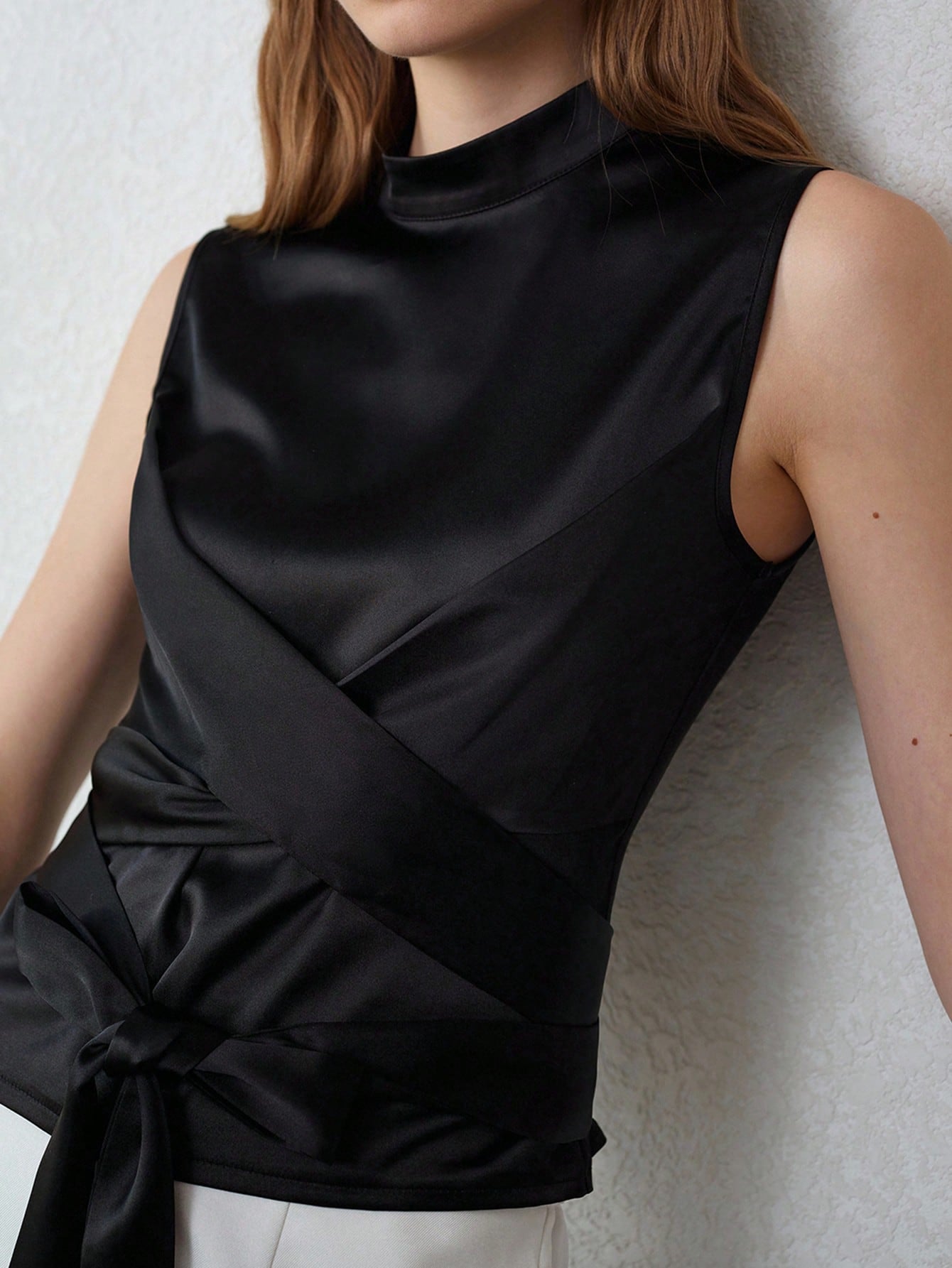 CM-TS106644 Women Elegant Seoul Style Stand Collar Ruched Sleeveless Knot Top - Black