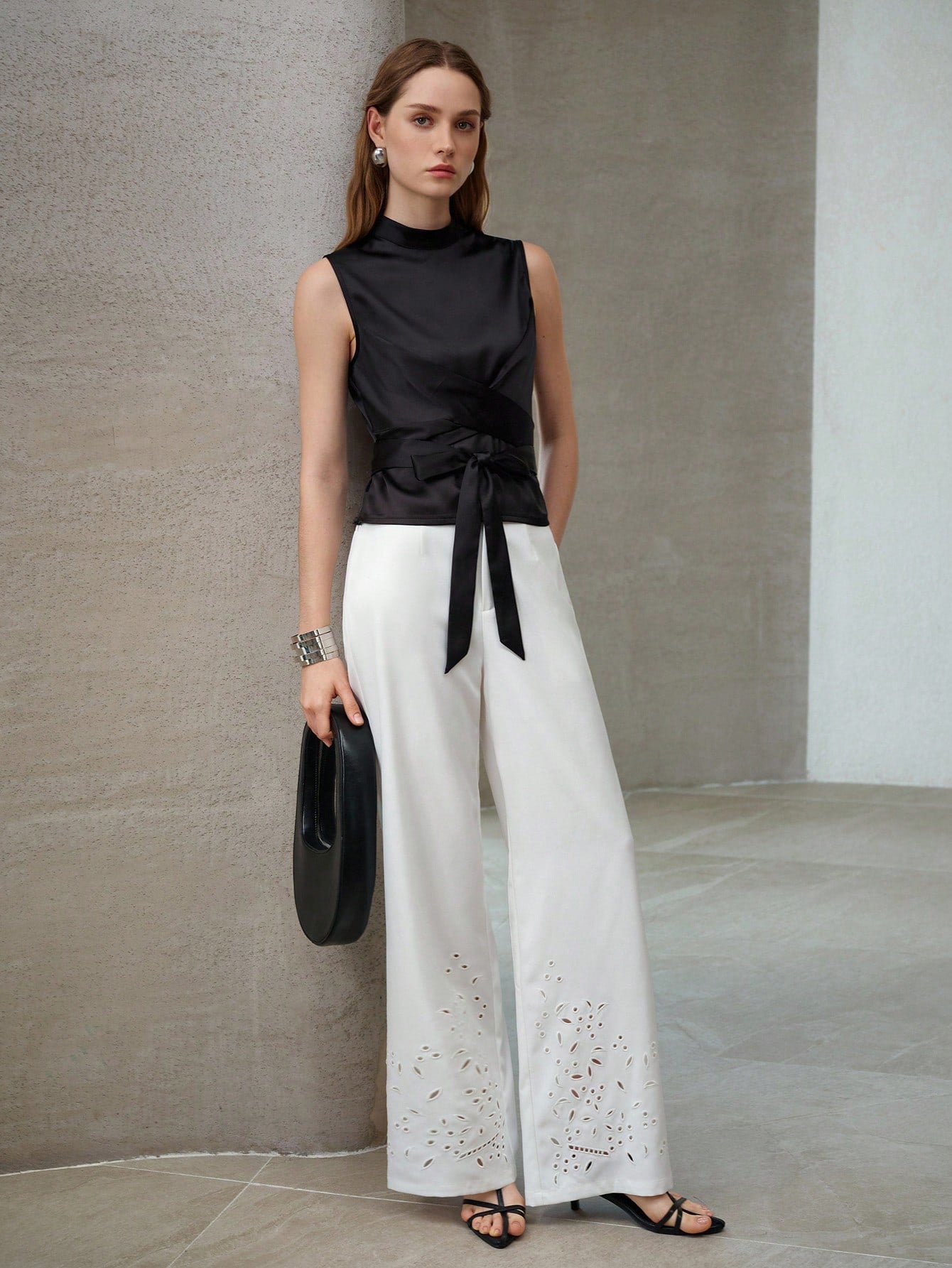 CM-TS106644 Women Elegant Seoul Style Stand Collar Ruched Sleeveless Knot Top - Black