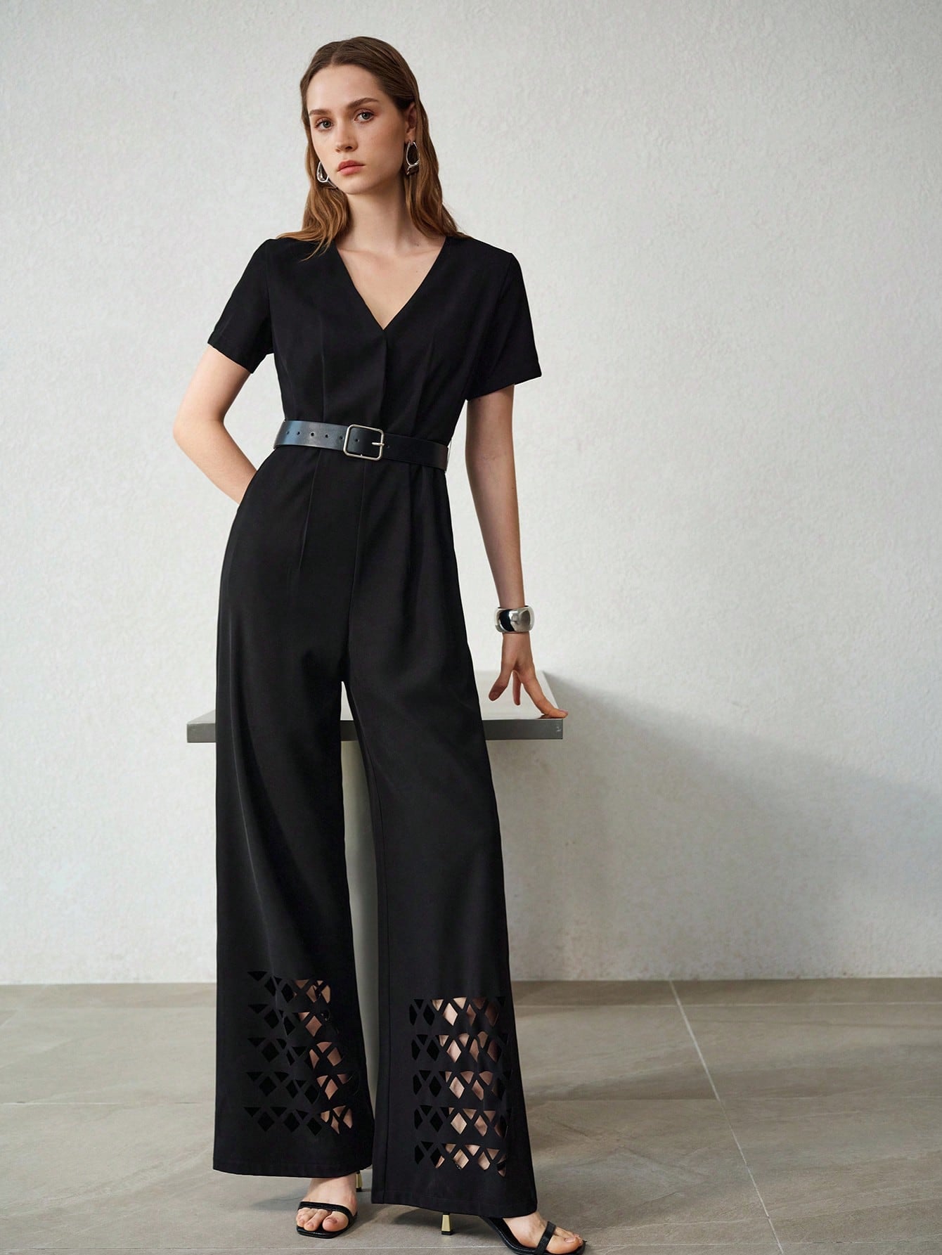 CM-JS420814 Women Elegant Seoul Style V-Neck Short Sleeve Cinched Waist Belted Jumpsuit - Black