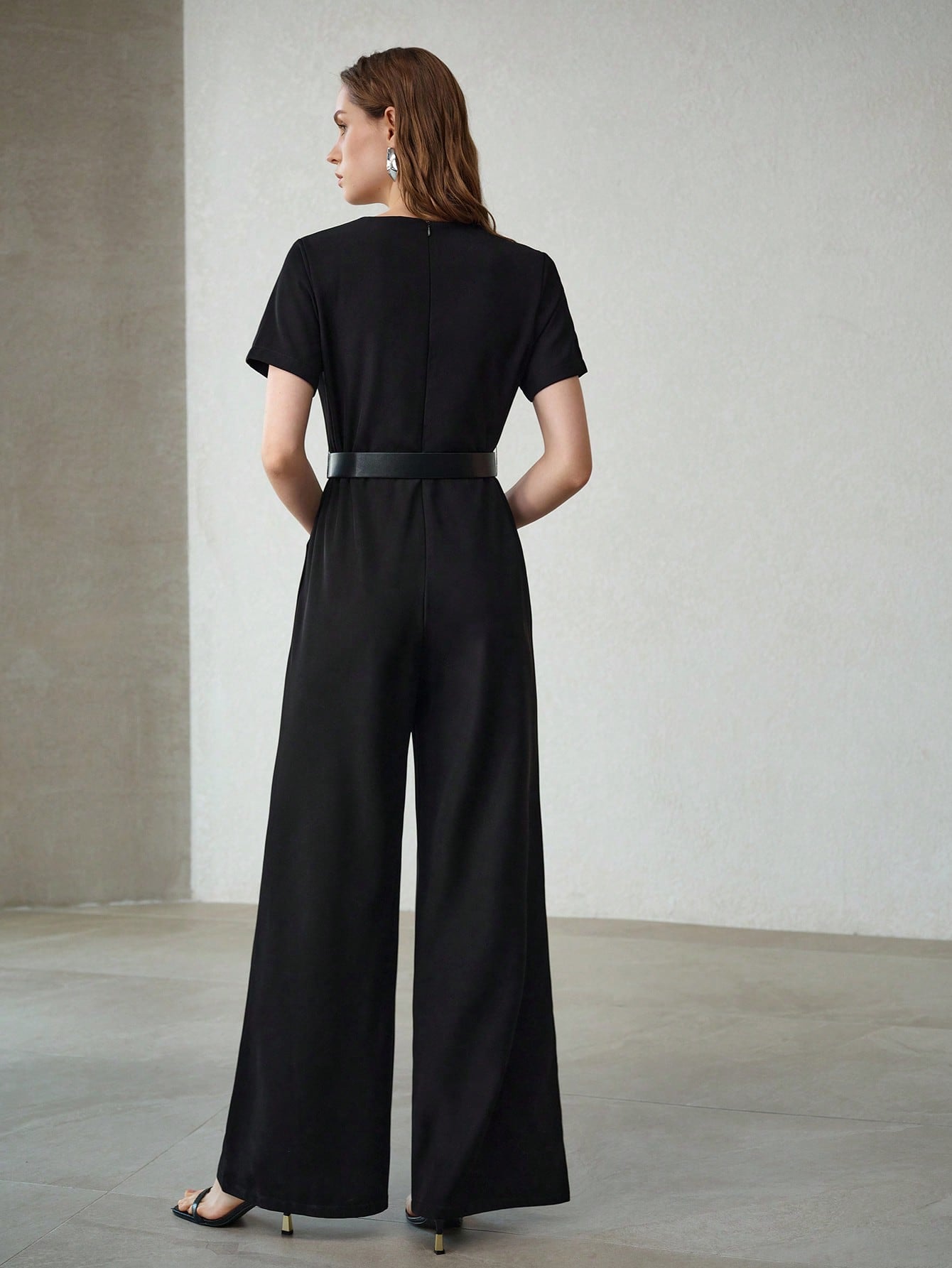 CM-JS420814 Women Elegant Seoul Style V-Neck Short Sleeve Cinched Waist Belted Jumpsuit - Black