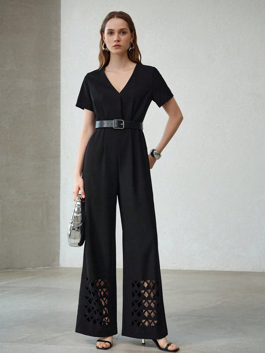 CM-JS420814 Women Elegant Seoul Style V-Neck Short Sleeve Cinched Waist Belted Jumpsuit - Black