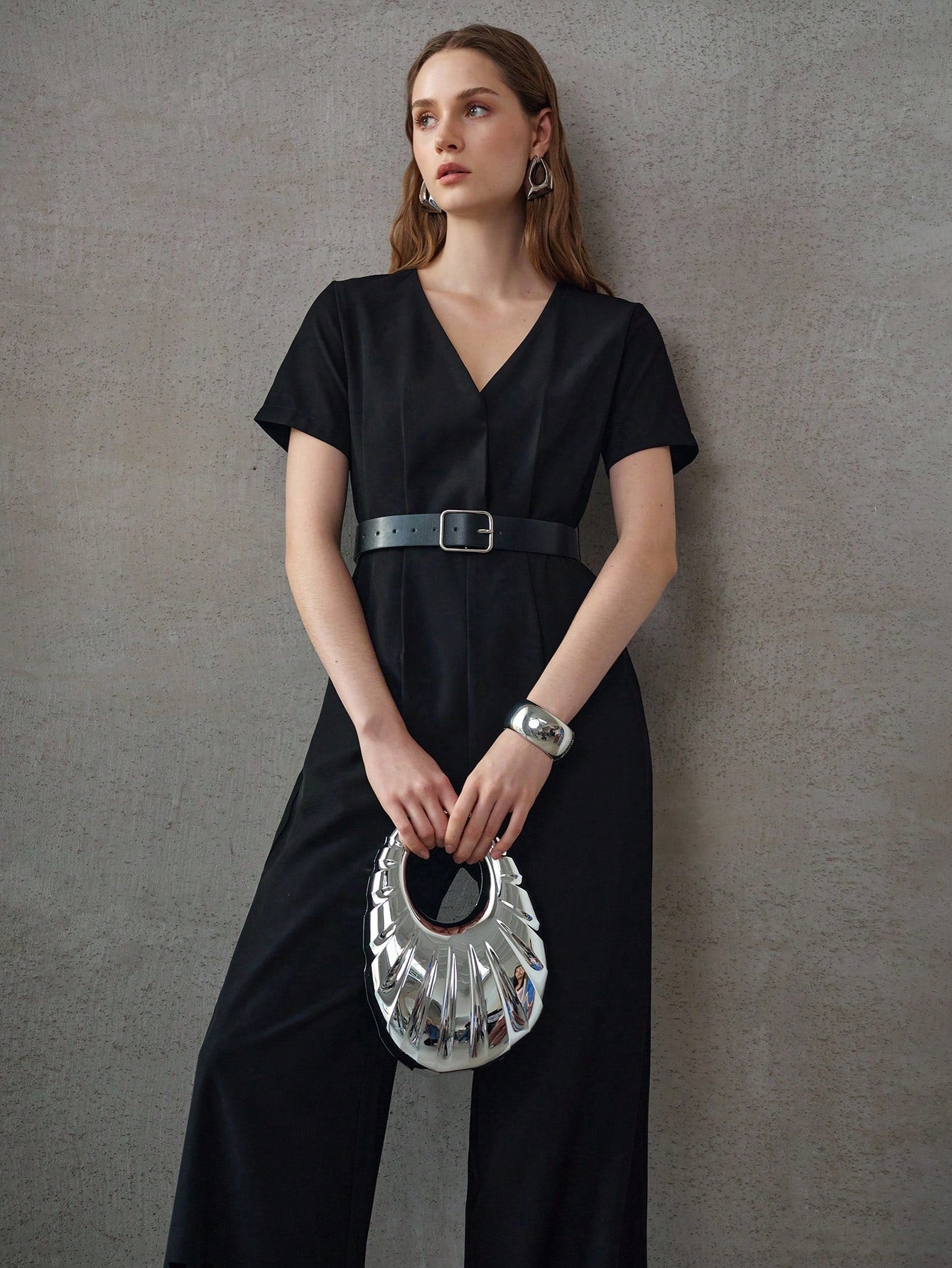 CM-JS420814 Women Elegant Seoul Style V-Neck Short Sleeve Cinched Waist Belted Jumpsuit - Black