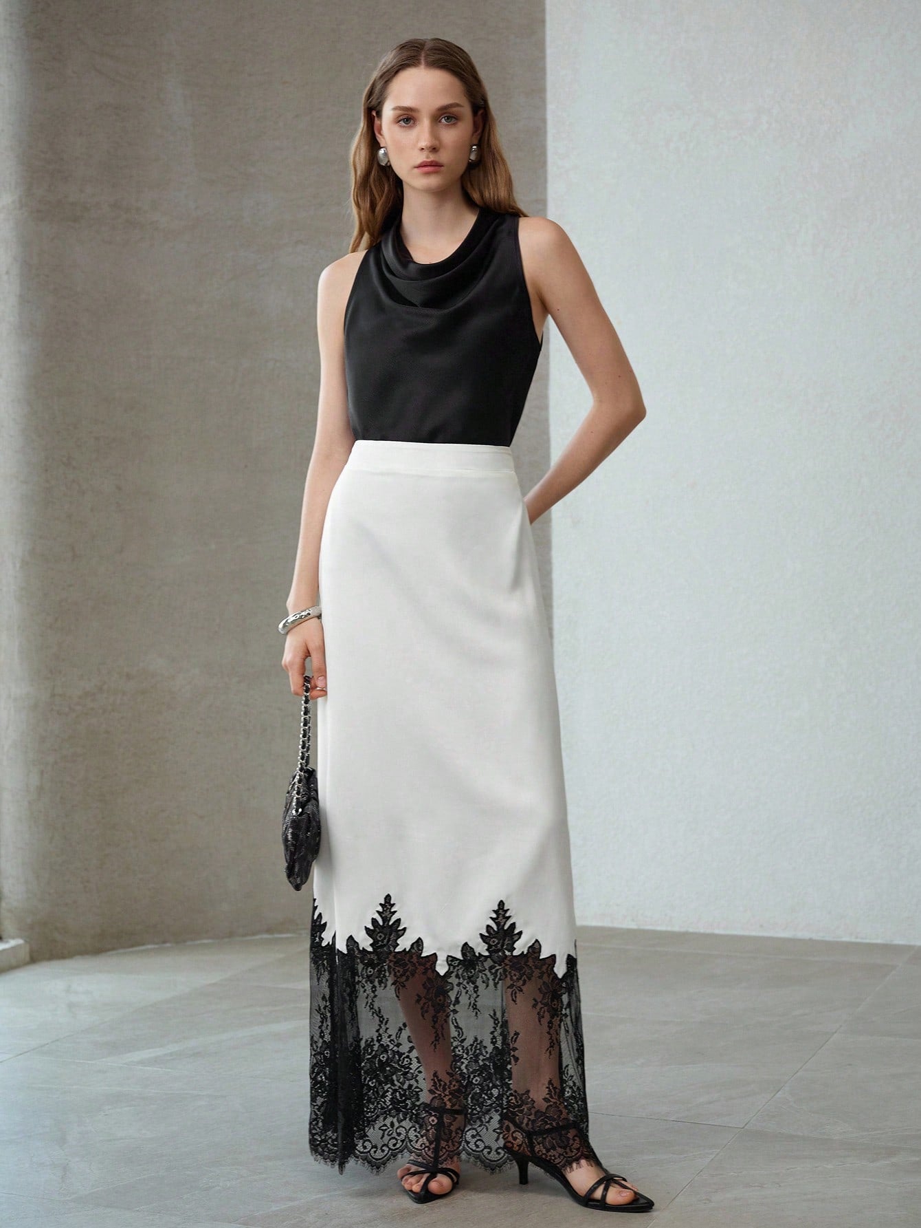 CM-BS626665 Women Elegant Seoul Style Mid Waist Satin Lace Patchwork Contrast Color Skirt - White