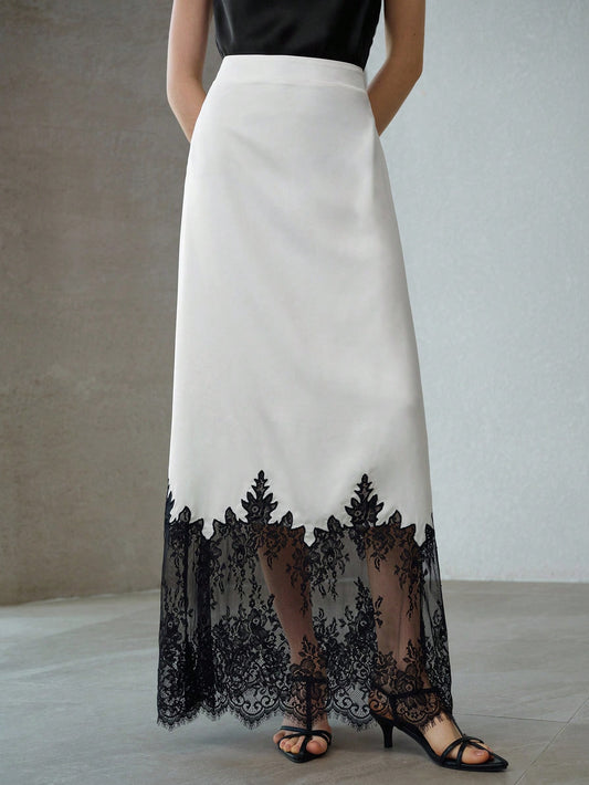 CM-BS626665 Women Elegant Seoul Style Mid Waist Satin Lace Patchwork Contrast Color Skirt - White