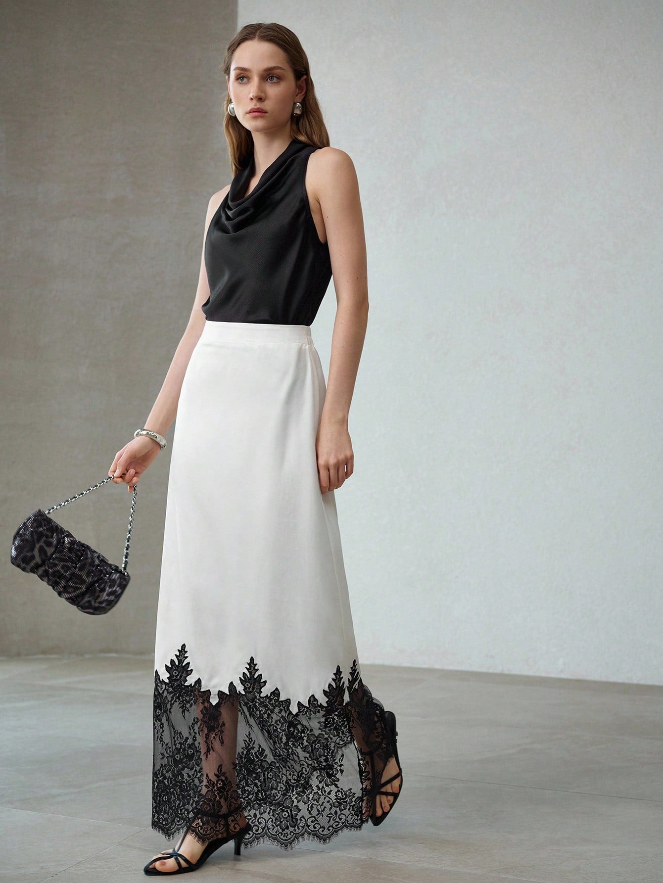CM-BS626665 Women Elegant Seoul Style Mid Waist Satin Lace Patchwork Contrast Color Skirt - White