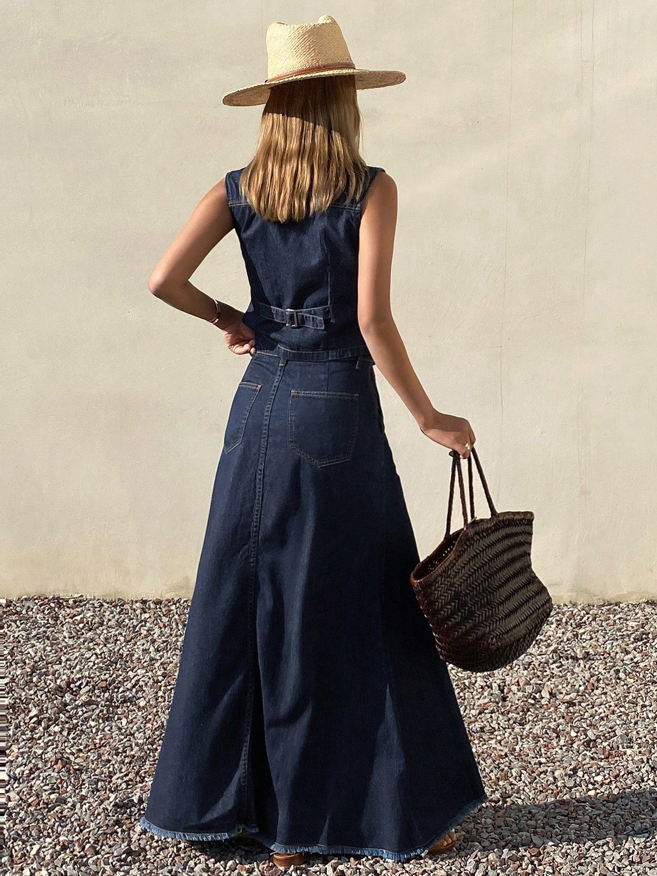 CM-SS118171 Women Casual Seoul Style V-Neck Sleeveless Pocket Denim Vest With Maxi Skirt - Set