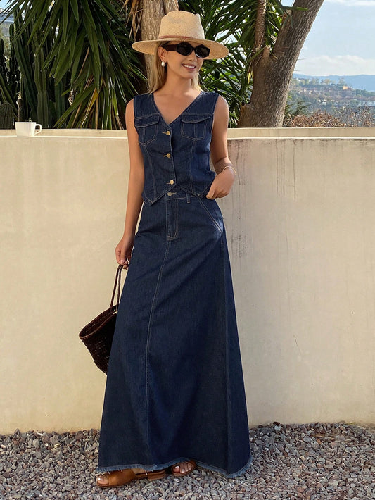 CM-SS118171 Women Casual Seoul Style V-Neck Sleeveless Pocket Denim Vest With Maxi Skirt - Set