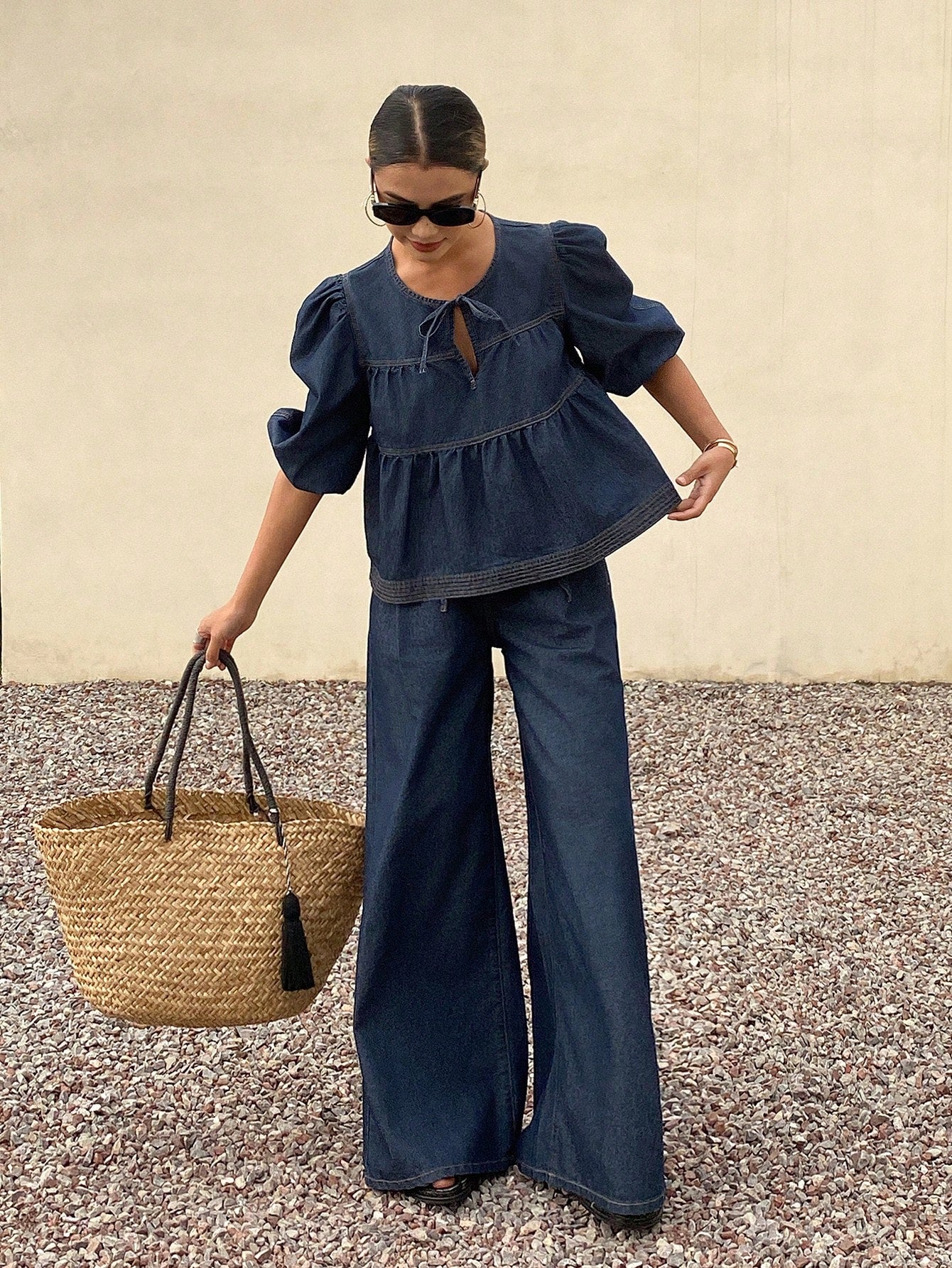 CM-SS574955 Women Casual Seoul Style Tie Neck Puff Sleeve Peplum Denim Top With Wide Leg Jeans - Set